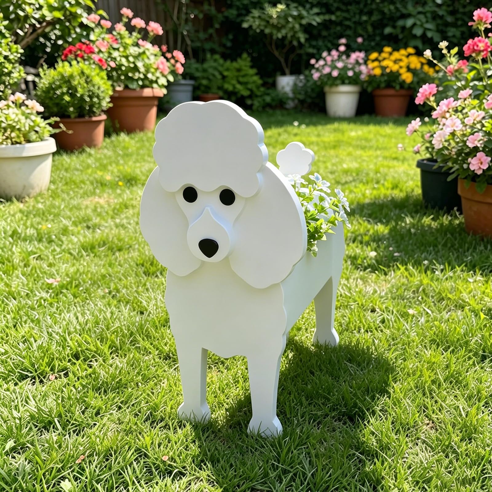 Hiiaodecor Poodle Pet Dog Animal Bonsai Holder Cute Shape Art Plant Storage Pot Villa Garden Indoor Outdoor Office Decor Ornaments 43 * 25cm/16.93 * 9.84in
