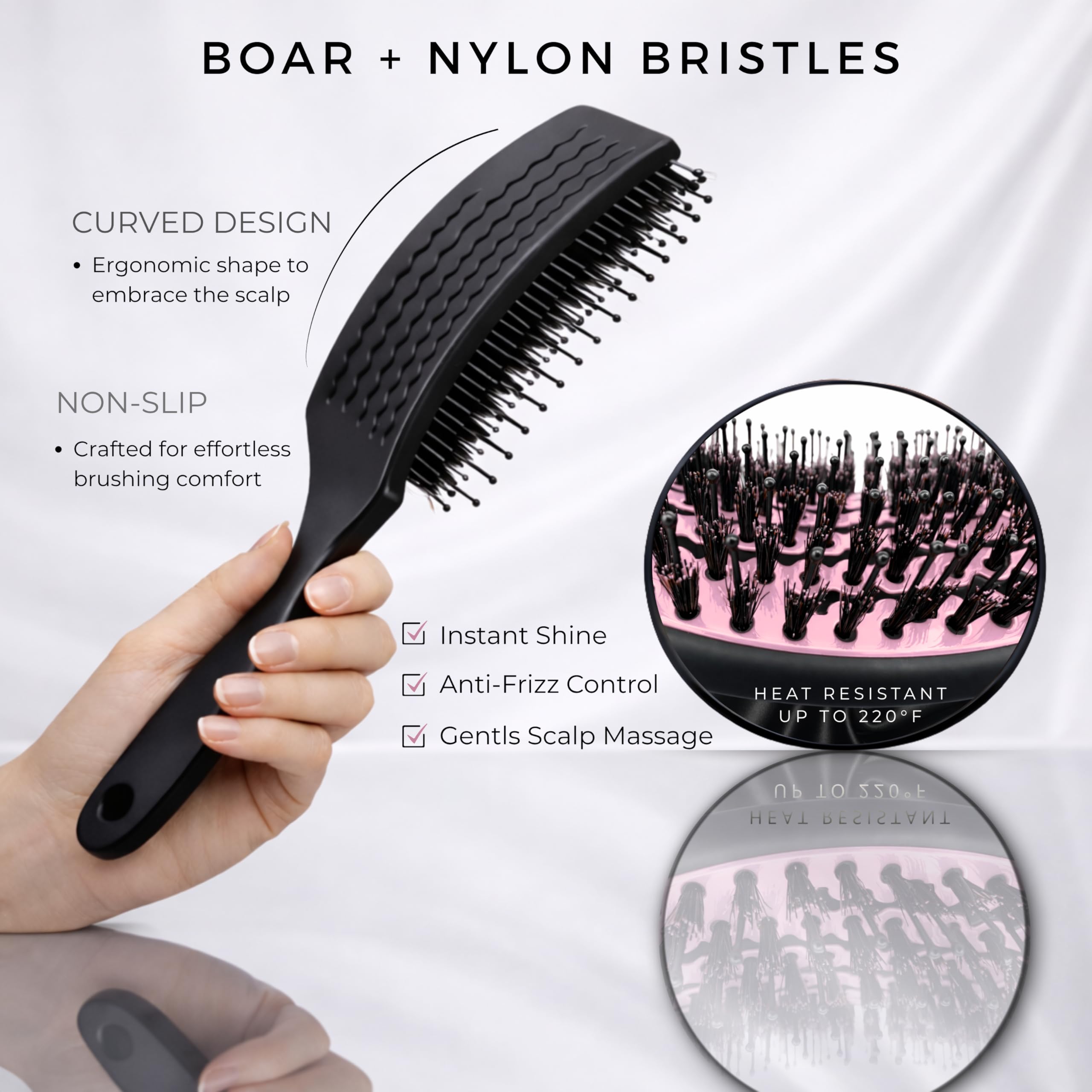 Cepillo de cerdas de jabalí curvado ventilado para secado con secador (grande) con mango cómodo, cepillo de cerdas suaves para cabello grueso y fino, cerdas naturales de jabalí para mujeres,