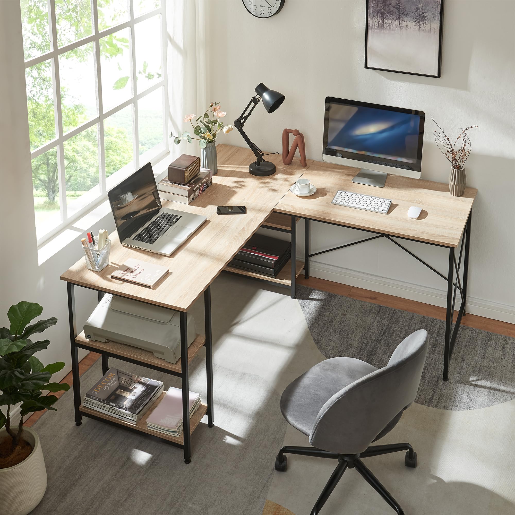 [en.casa] Scrivania Angolare o Lineare con Ripiani Tavolo Componibile a L o Dritto Tavolo per Ufficio Studio Postazione PC Banco da Lavoro - Nero/Effetto Rovere