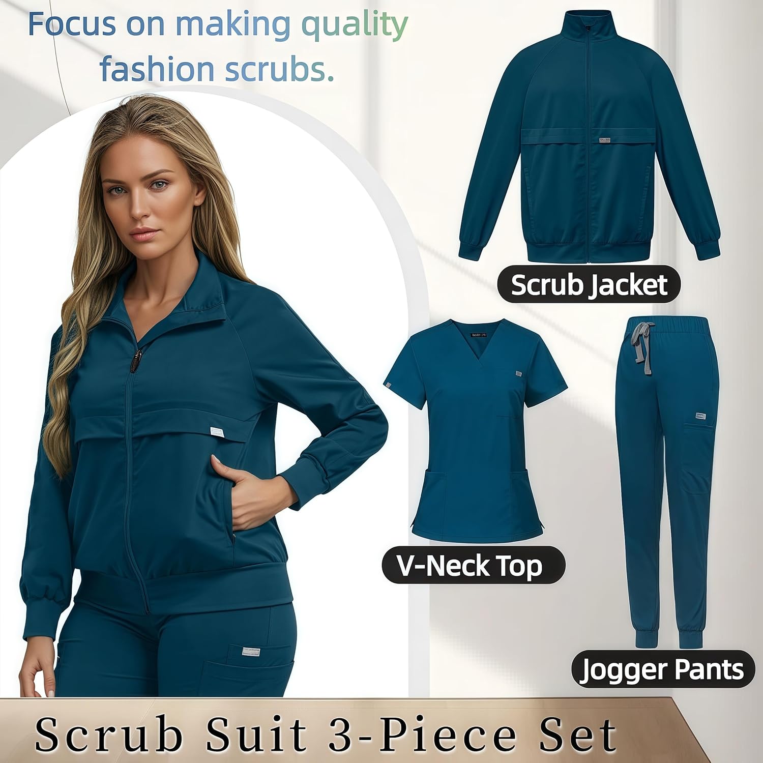 DEEYOTA Scrub Suit 3-Piece Set: V-Neck Top & Jogger Pants & Scrub Jacket,Reinforced Stitching and Stretch Fabric - Image 2