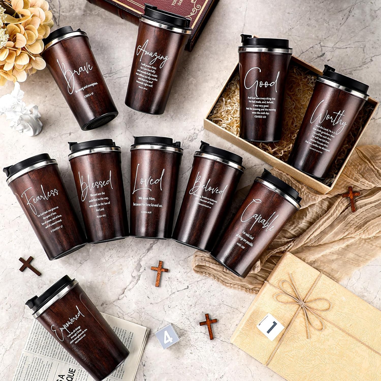 Meanplan 10 Set Christian Gift Bible Verse Tumbler Bulk 17oz Coffee Cup Religious Jesus Christian Tumbler Inspirational Mug for Men Women Church Holy Week Teacher Pastor (Wood, Bible Words Theme) - Image 6