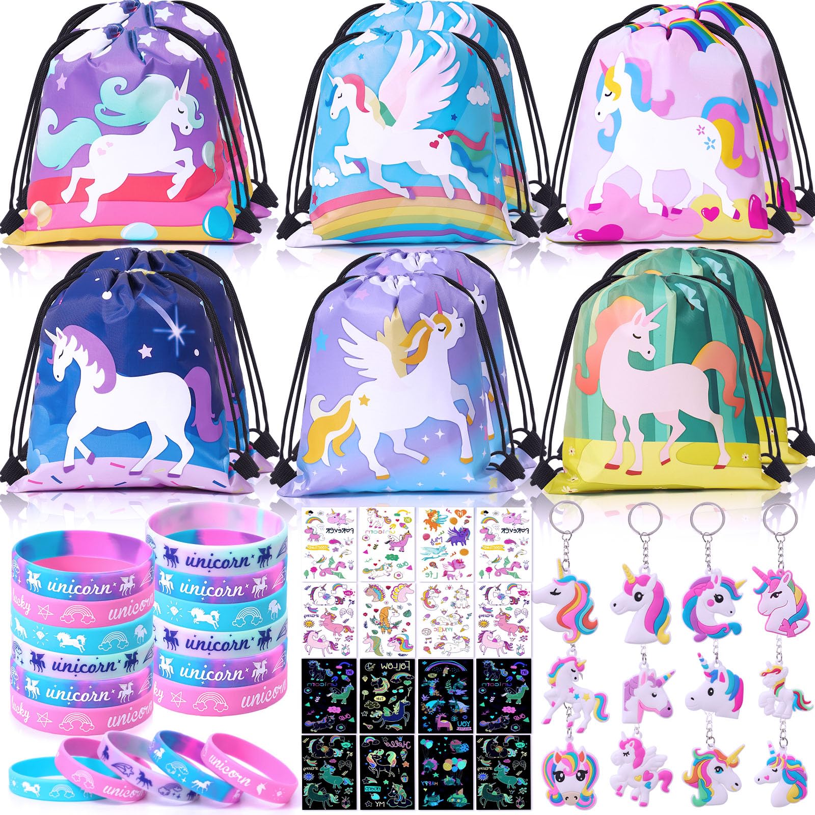 Winrayk 12 Sets Unicorn Party Favors Birthday Supplies for Girls, Drawstring Bag Glow Tattoo Sticker Silicone Bracelet Keychain, Goodie Bag Stuffer Filler Kids Rainbow Unicorn Party Supplies Decor