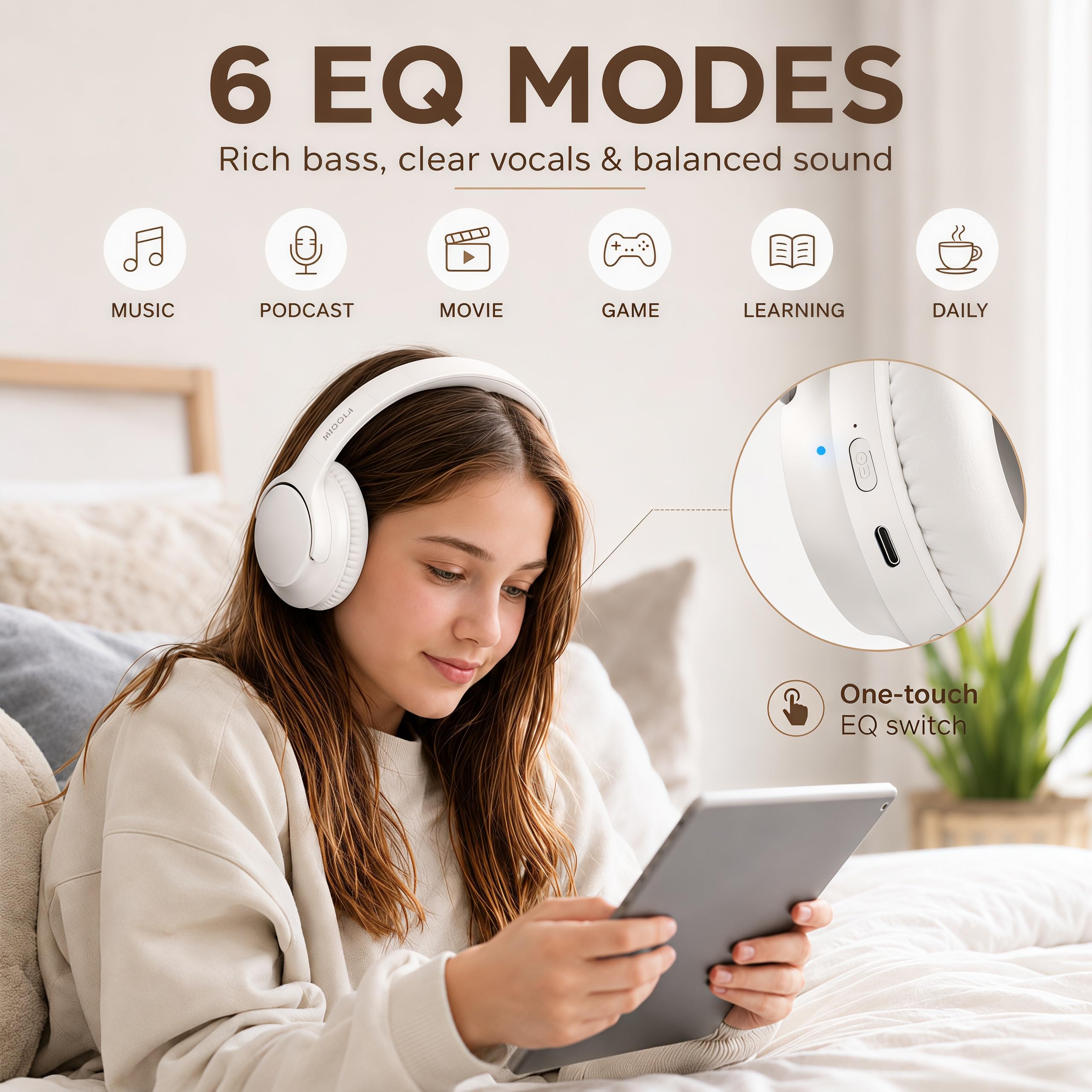MIDOLA Bluetooth-Kopfhörer, Over-Ear-Kopfhörer, 68H, Spielzeit, 6 EQ, kabelloses Headset mit Mikrofon, HiFi-Stereo, faltbar, leicht, tiefer Bass, für Reisen, Zuhause, Büro, Handy, Weiß