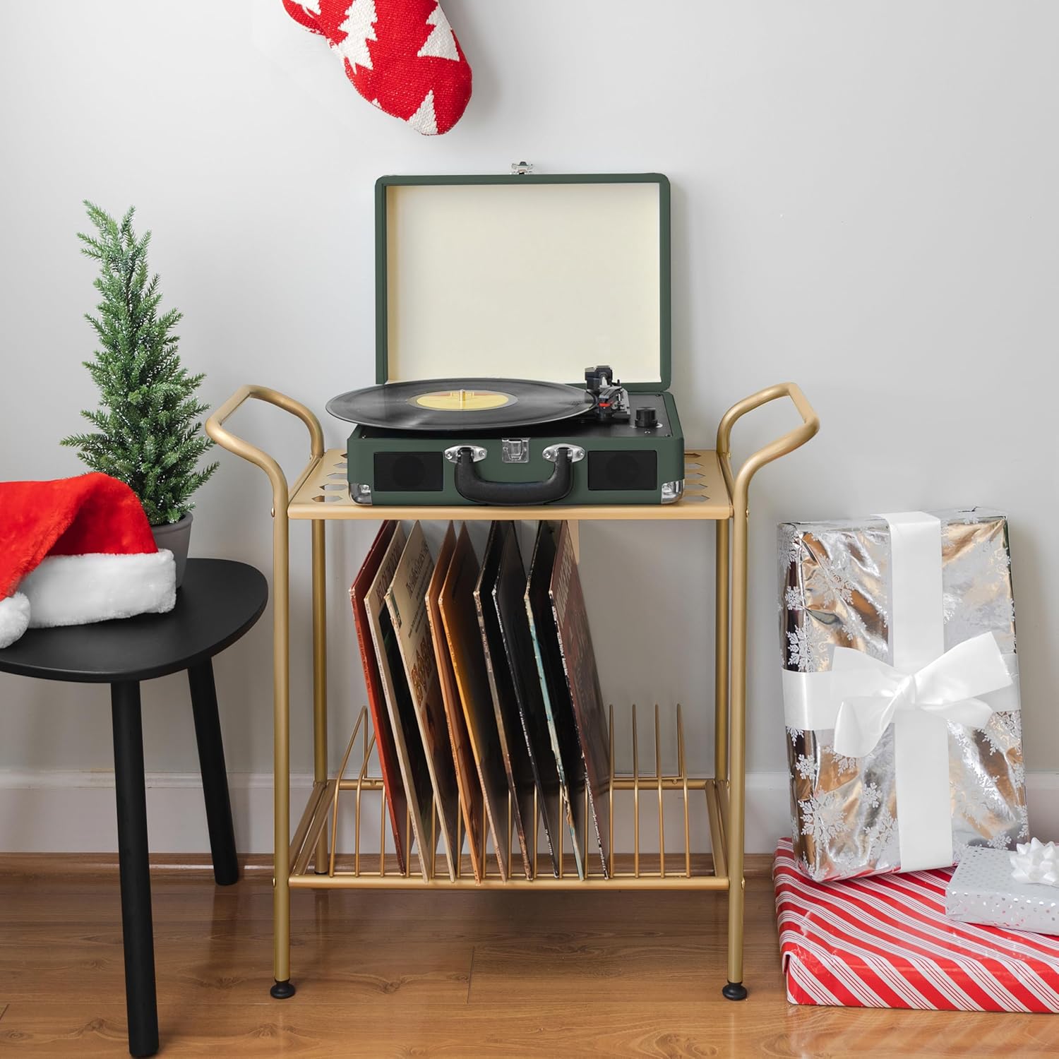 Ilyapa 2-Tier Record Player Stand - Gold Metal Vinyl Records Stand with Shelves - Vinyl Player Table with 14 Slots