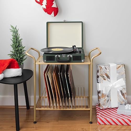 Miniatura 3 de Ilyapa Soporte para tocadiscos de 2 niveles, soporte de discos de vinilo de metal dorado con estantes, mesa de reproductor de vinilo con 14 ranuras