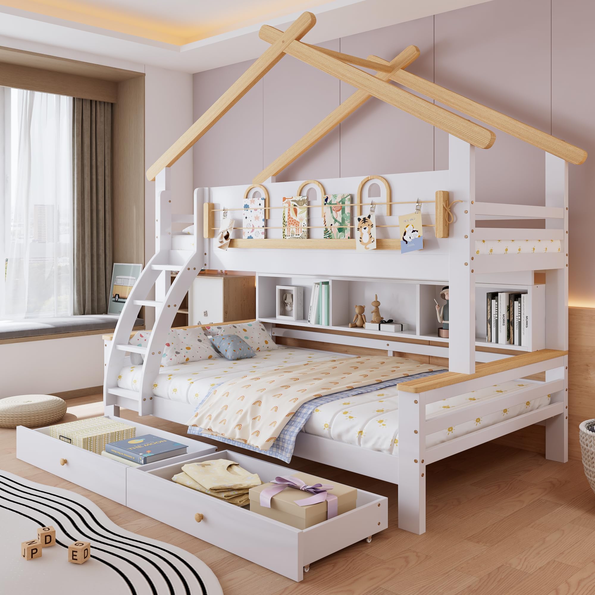 Litera, cuna, dos cajones con ruedas, exquisita barandilla decorativa y diseño de techo, escalera inclinada de cuatro pisos, pino + MDF, blanco + natural, 90 x 200 cm y 120 x 200 cm