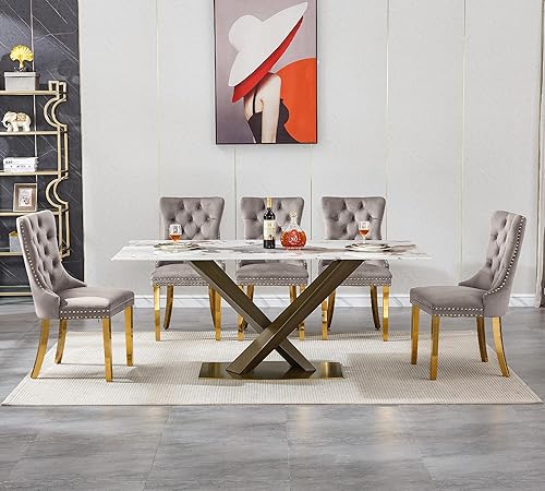 Miniatura 3 de Juego de mesa de comedor de mármol blanco para 6, 70 pulgadas, mesa de comedor de mármol blanco con 6 sillas de terciopelo gris y base de acero al