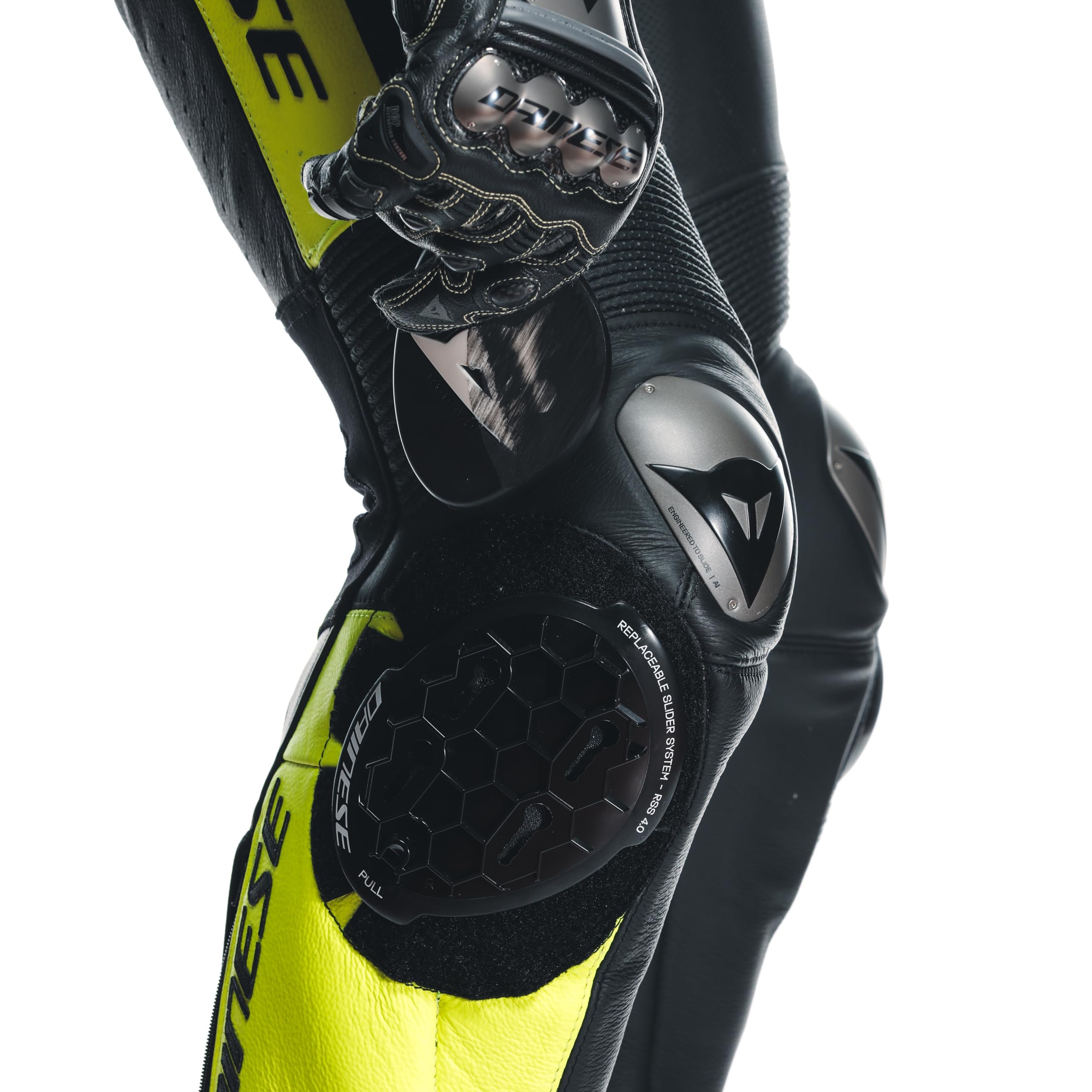 DAINESE - Knee Slider Rss 4.0 - Full Kit, Saponetta Protezione Ginocchio per Moto, Unisex, Nero/Giallo Fluo, N