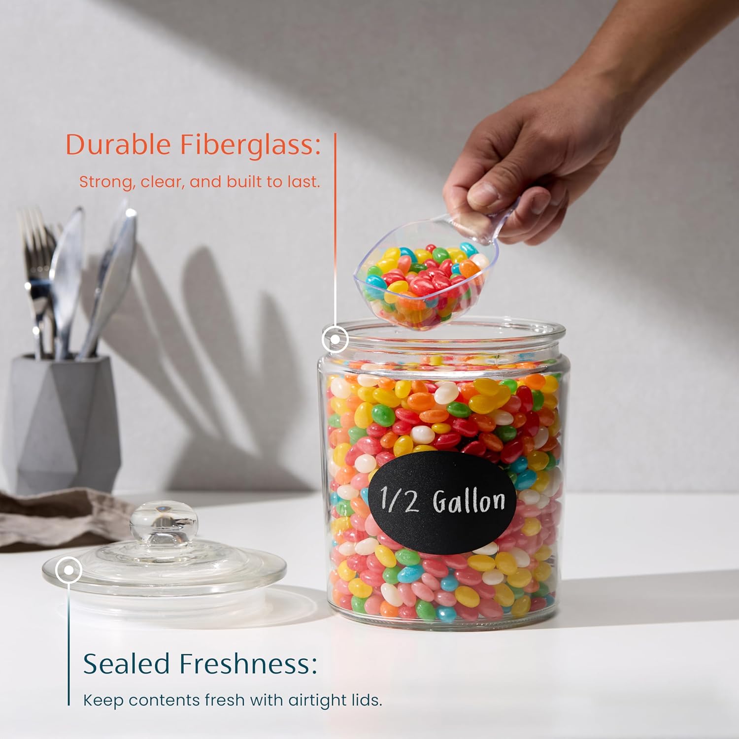 KooK Glass Storage Containers with Lids, 1/2 Gallon, Set of 2, Glass Kitchen Jars, Food & Cookie Storage Containers for Pantry, Bathroom Apothecary Canisters, Dishwasher Safe, Chalk, Label, Scoops - Image 2