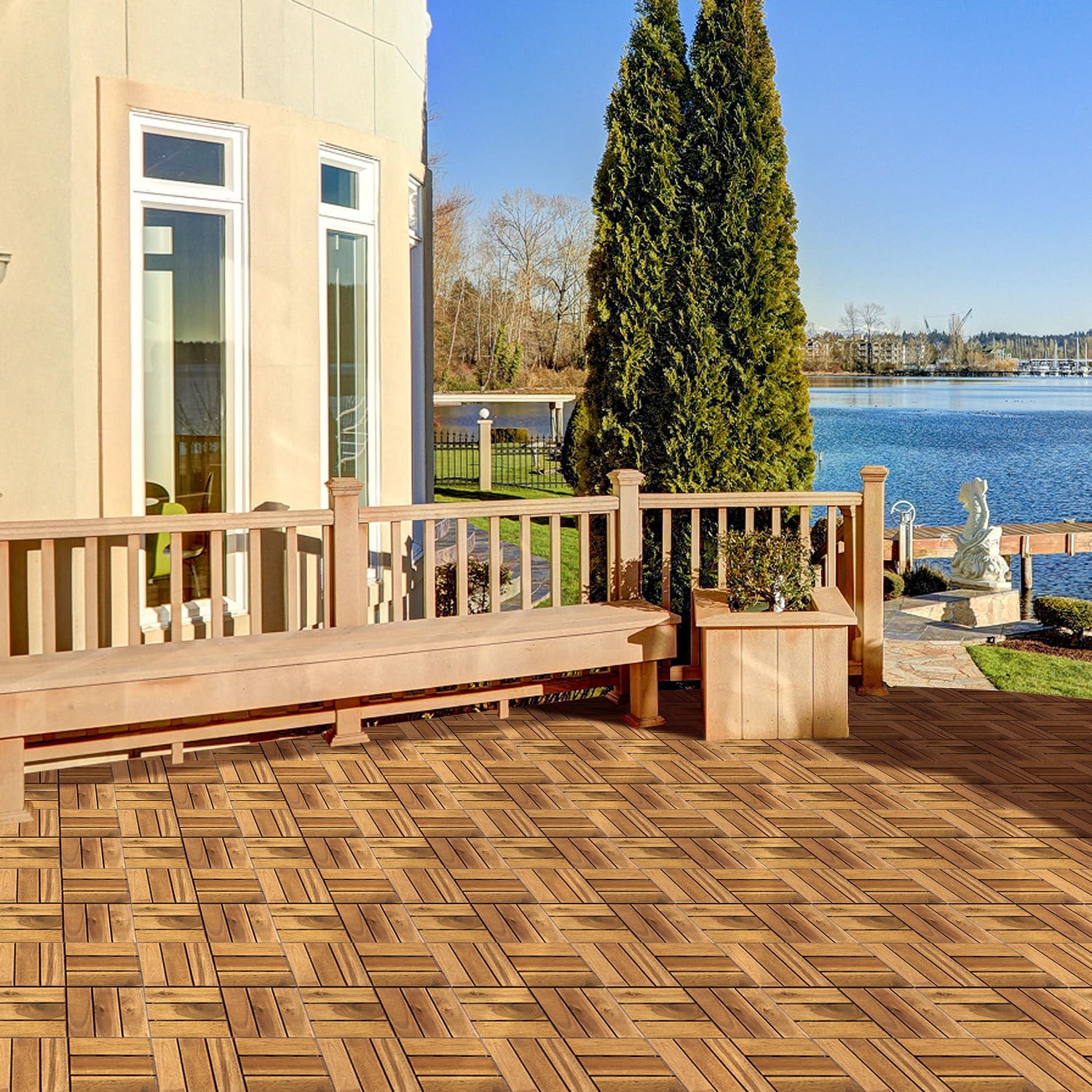 Holzfliesen terrassenfliesen, Akazienholz balkonfliesen 30x30 cm mit Klicksystem, 12 Latten Fliese 11 Stück (1 m²), wetterfester Outdoor Bodenbelag für Balkon und Terrasse