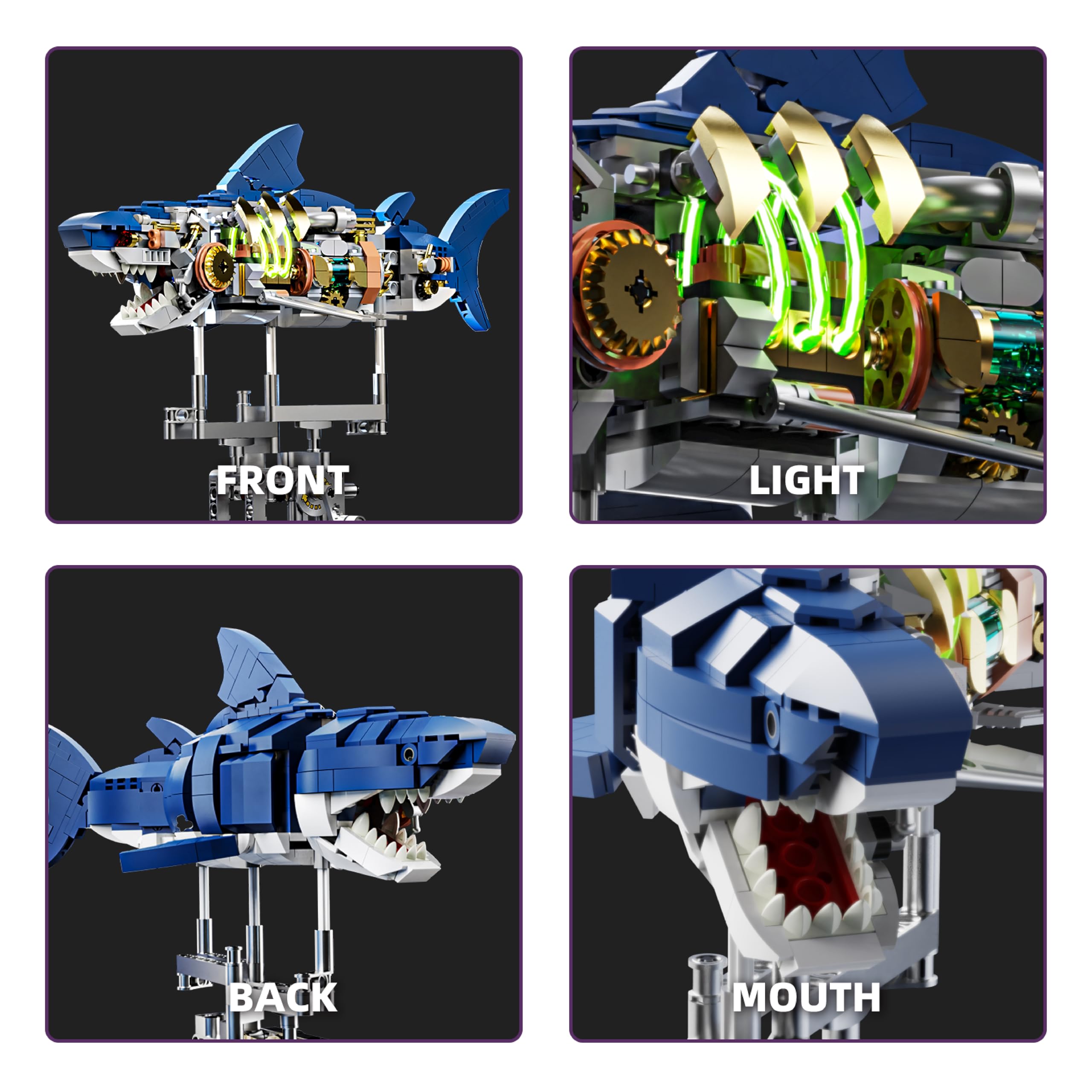 687-PCS Mechanical Shark Building Set with LED Light, Movable Linkage Gears, Display Stand - Ocean Building Block Toy for Adults, Teens, Kids Age 12+