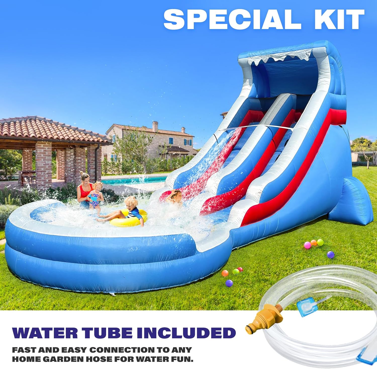 Inflatable Grade Water Slide with Big Splash Pool, 22.5 * 9.84 * 10.6FT Backyard Party Bule Oxford Water Slide with Air Blower