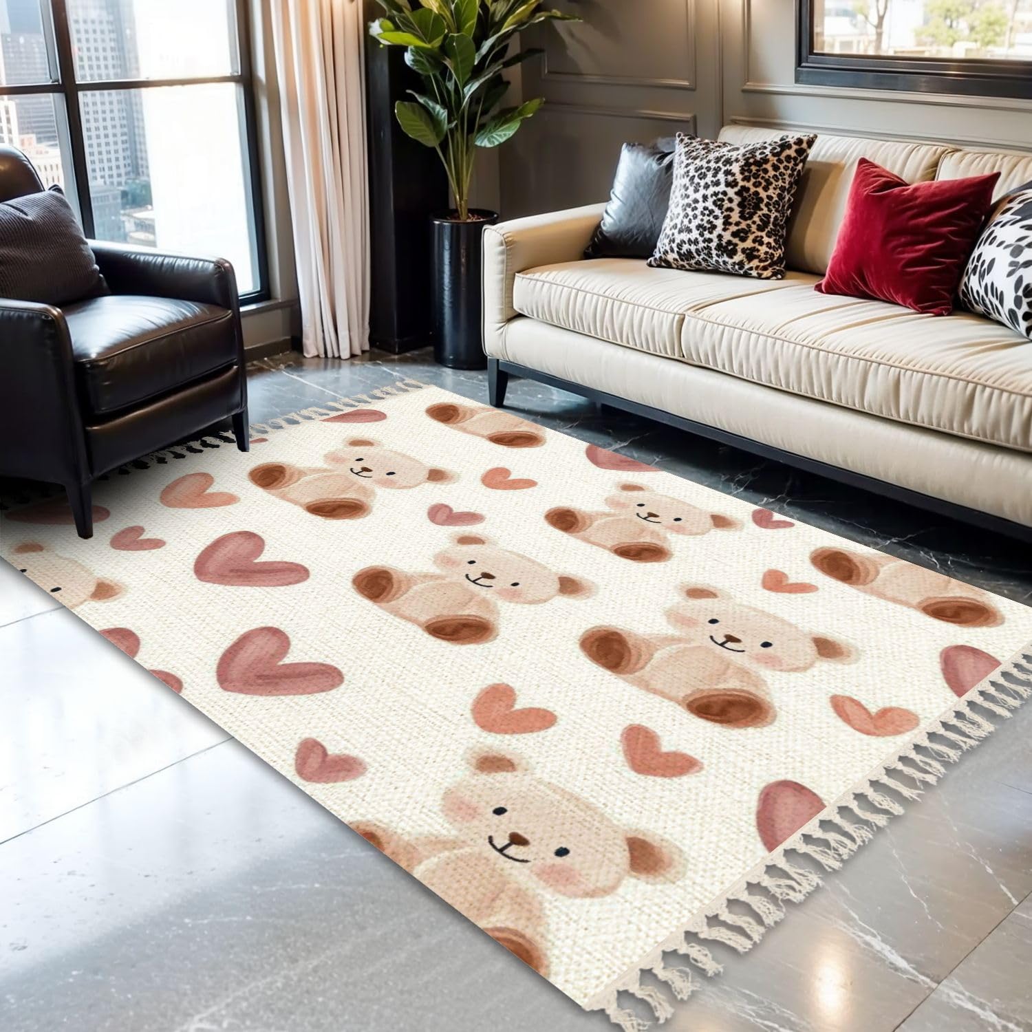 Boho Area Rugs cute hand drawn watercolor beige teddy bears brown hearts kids Washable Rug Nursery Rug Girl Softness Non Slip Nursery Rugs Neutral