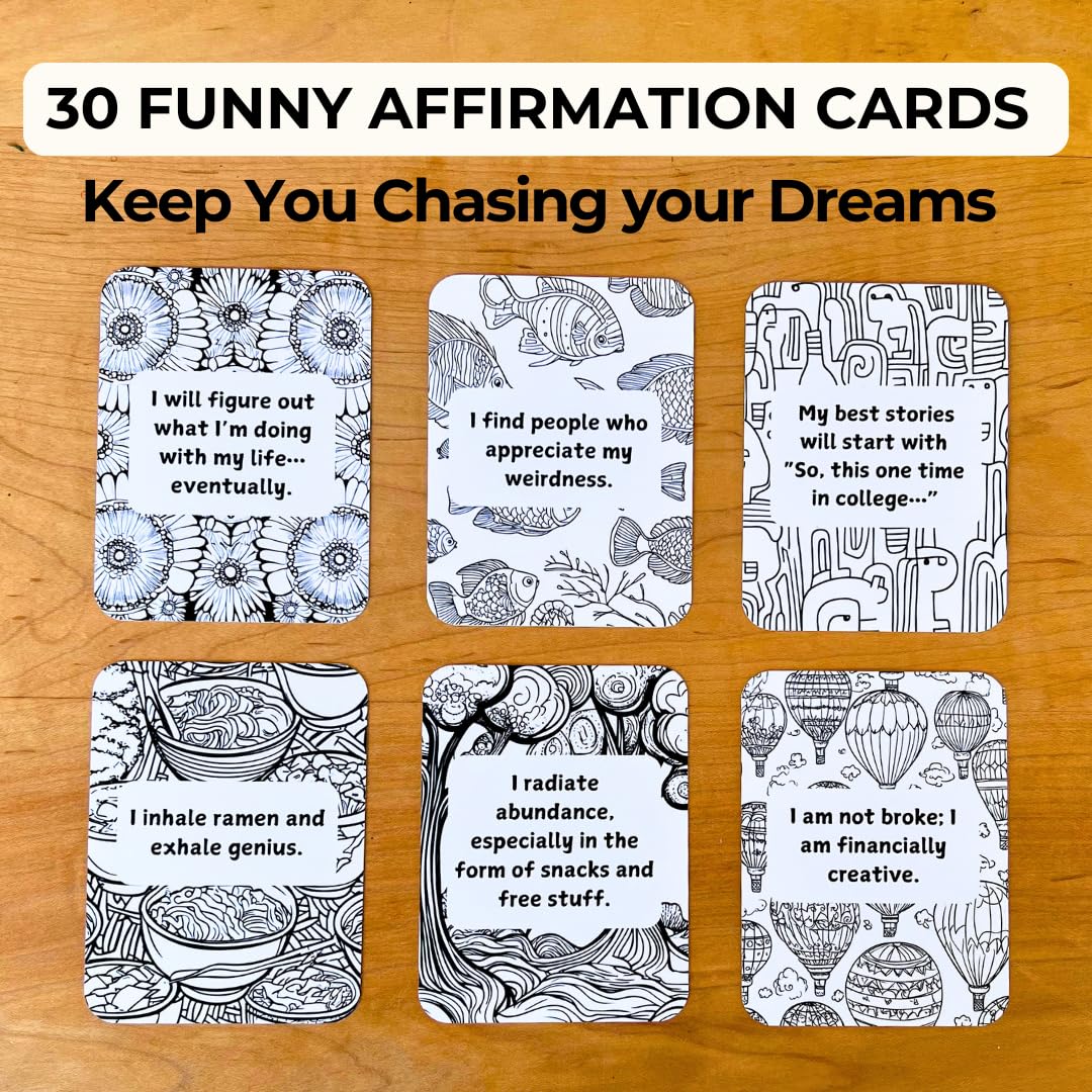 Funny College Affirmation Cards and Coloring Kit – Motivational Gifts for Students, Bonus Audio Affirmations & More - For People Chasing their Dreams