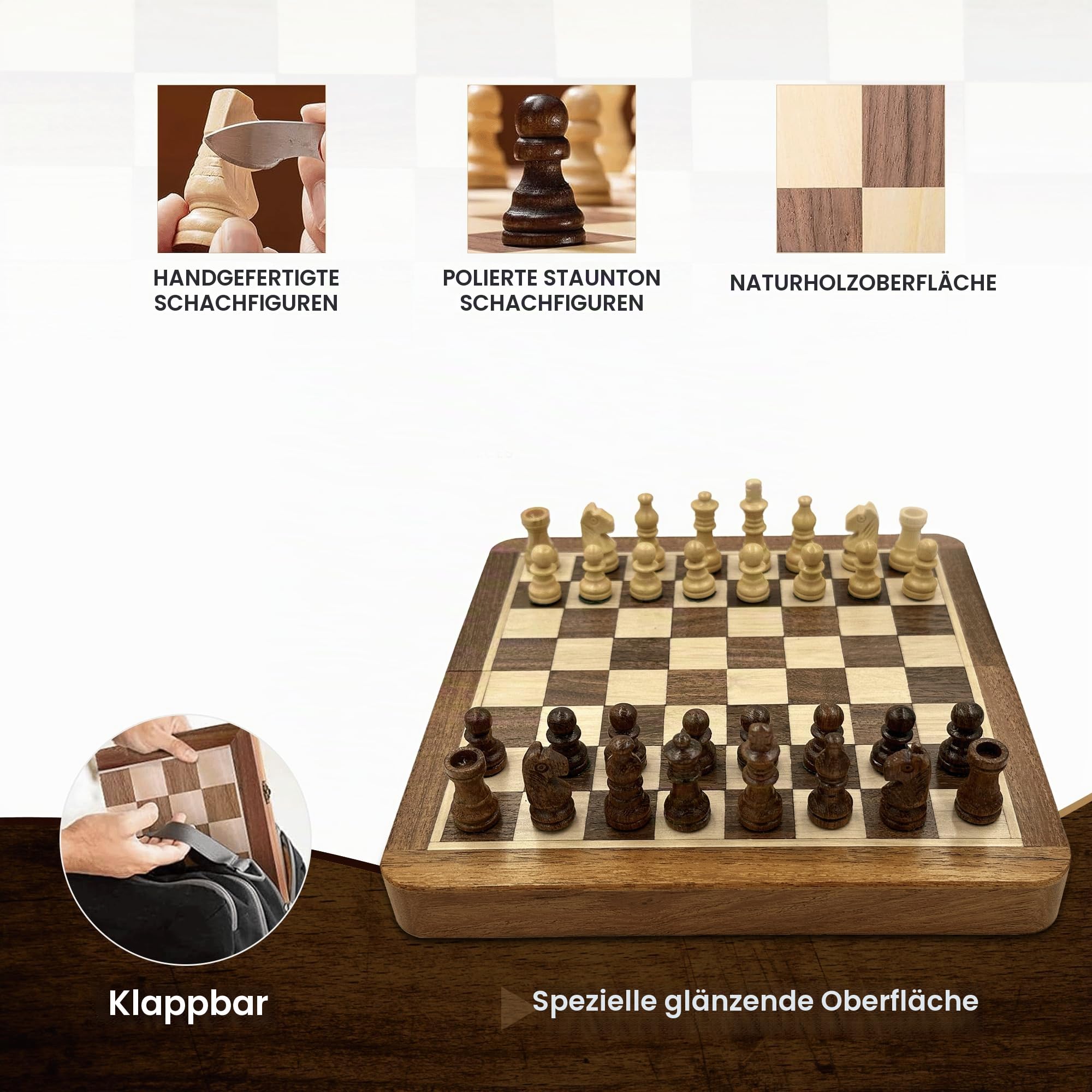 Personalisiertes Schachspiel, Magnetisches Schachbrett und Figuren, faltbares Schachbrett, tragbares Schachspiel mit integriertem Stauraum, handgefertigt (30 cm)