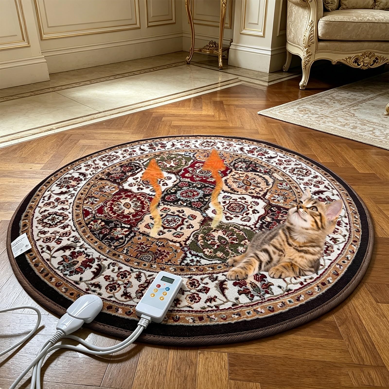 Alfombra calefactora eléctrica redonda de grafeno de 120 cm (47,24 pulgadas), calentamiento rápido y uniforme con temperatura y temporizador ajustables, ideal para calentar