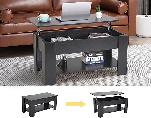 Miniatura 18 de Mesa auxiliar moderna, blanca, elevadora, madera, estante de almacenamiento, 28 x 28 x 24 pulgadas Blanco,Negro