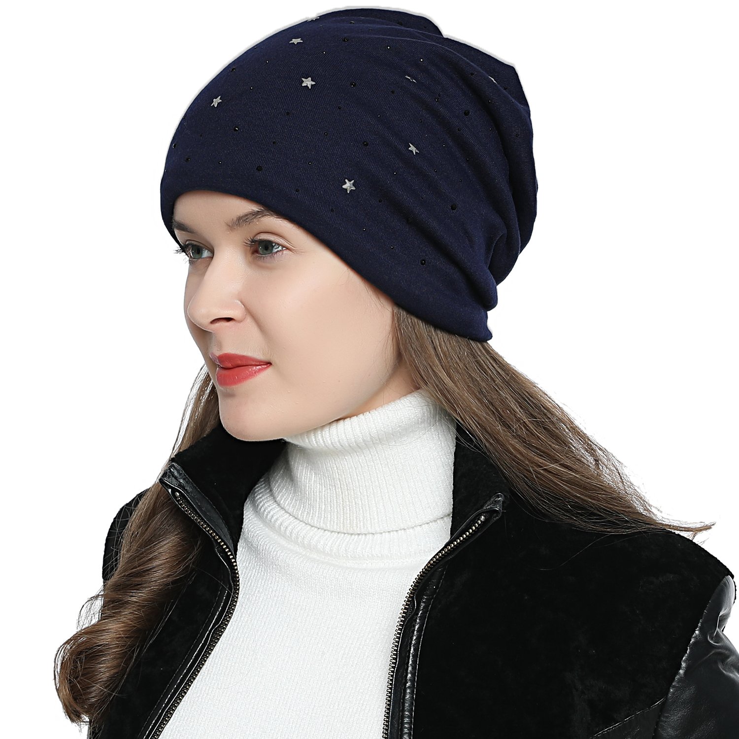 DonDon Mütze Damen Wintermütze Slouch Beanie gefüttert mit Stern Print