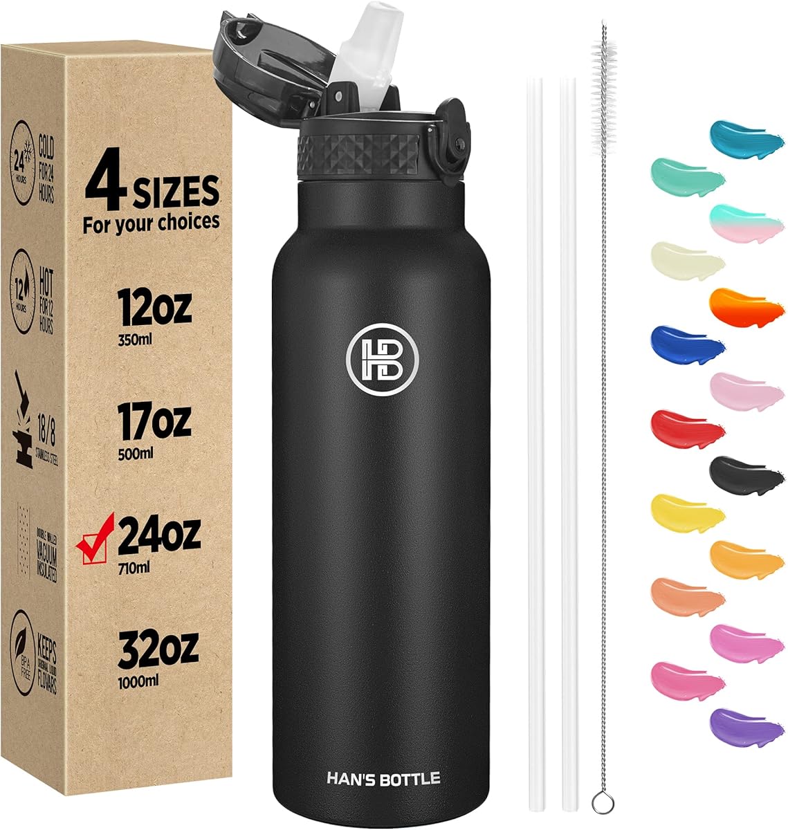Han's Bottle Sports Water Bottle - 24 Oz, Straw Lid, Leak Proof, Vacuum Insulated Stainless Steel, Double Walled, Thermo Mug,Black