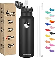 Han's Bottle 24oz Insulated Stainless Steel Water Bottle with Straw Lid - Leakproof Vacuum Thermos, Keeps Cold 24Hrs Hot 12Hrs, Black