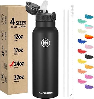 Han's Bottle 24oz Insulated Stainless Steel Water Bottle with Straw Lid - Leakproof Vacuum Thermos, Keeps Cold 24Hrs Hot 12Hrs, Black