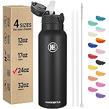Han's Bottle Sports Water Bottle - 24 Oz, Straw Lid, Leak Proof, Vacuum Insulated Stainless Steel, Double Walled, Thermo Mug,Black