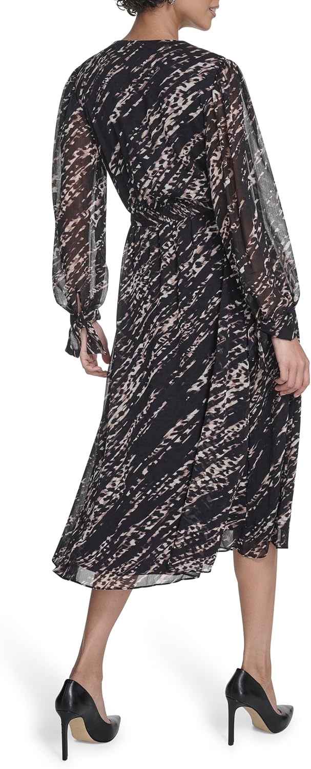 Calvin Klein Womens Long Balloon Sleeve V-Neck Chiffon Fit & Flare Midi Dress - Image 4