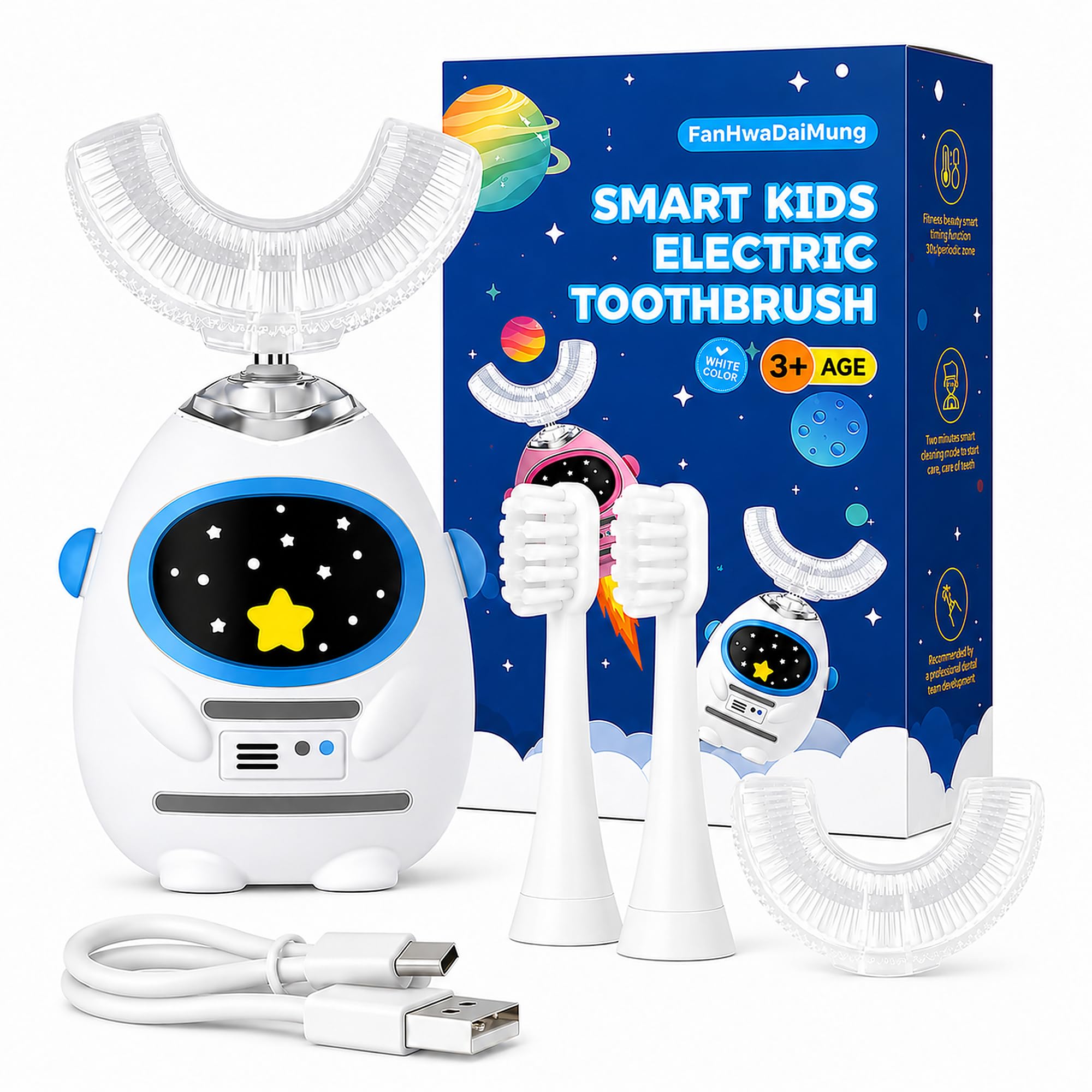 Spazzolino elettrico per bambini a forma di U, pulizia profonda a 360°, 3 modalità, insegnamento vocale, timer intelligente 45S, ricarica di tipo C, design astronauta impermeabile, per
