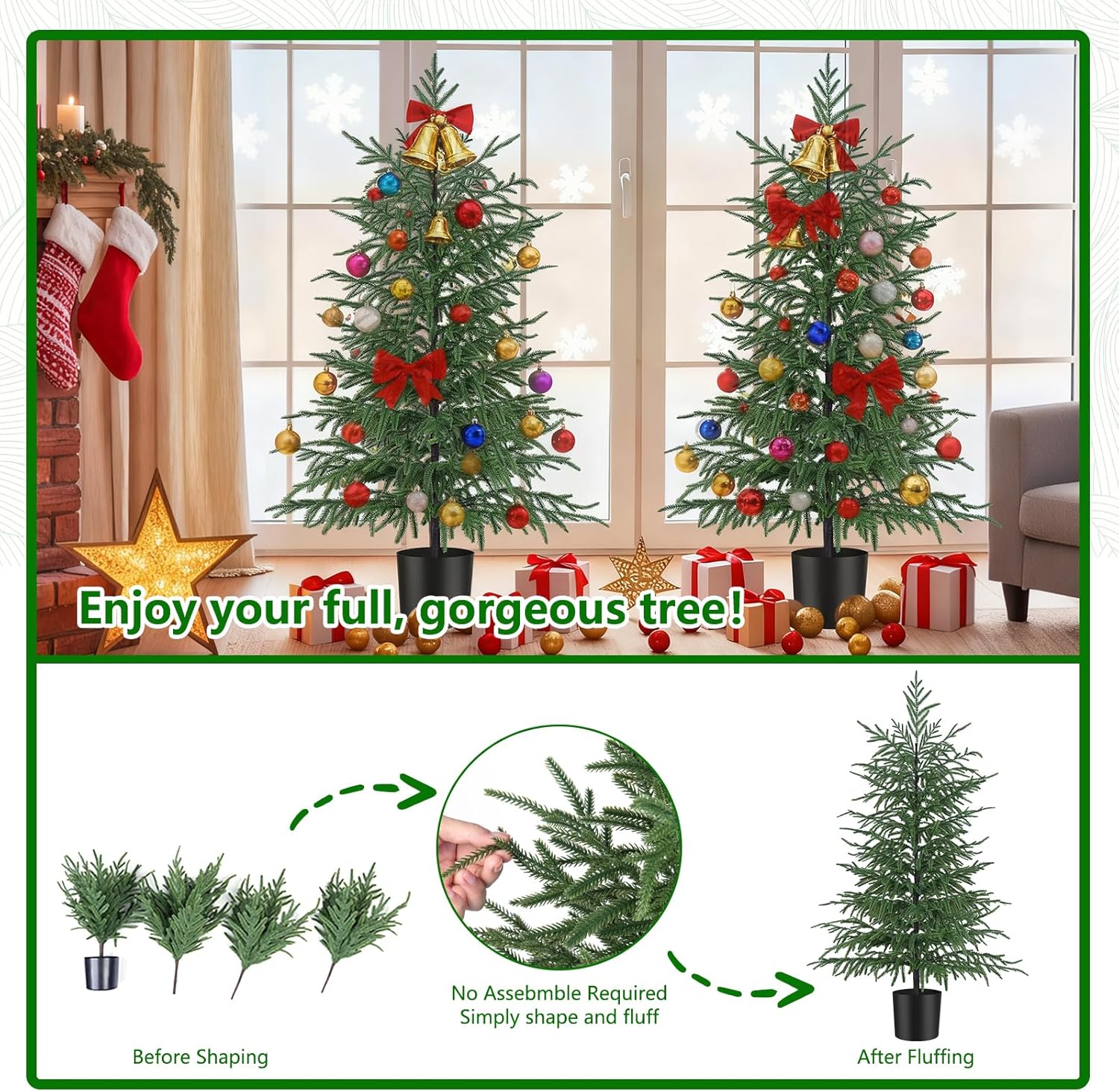 4FT Artificial Norfolk Pine Tree, Realistic UV Rated Shrubs Fake Potted Plants, Faux Bushes for Christmas Decorations Outdoor Indoor Home Front Porch Decor