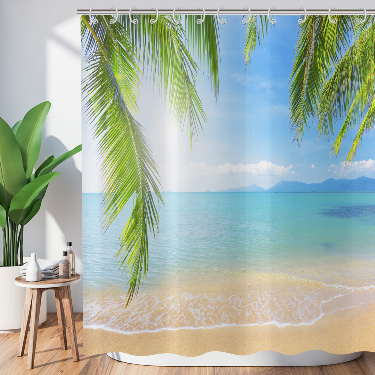 Rideau de douche textile imperméable plage tropicale avec 12 crochets