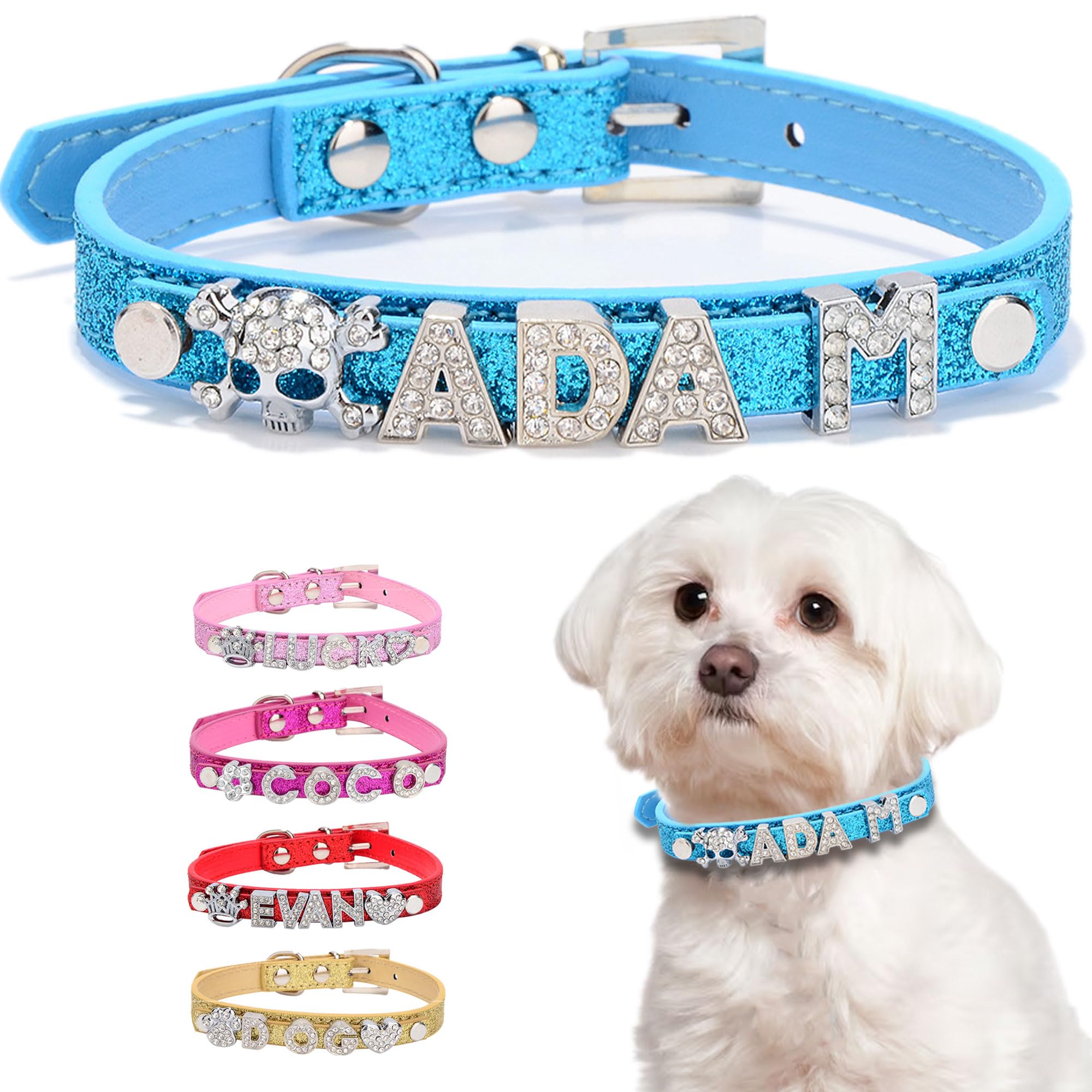 Personalised Dog Collars with Name Custom Bling Rhinestone Dog Puppy Cat Pet Name Collar Leather Dog Collar for Small Medium Large Dogs(Blue,L)