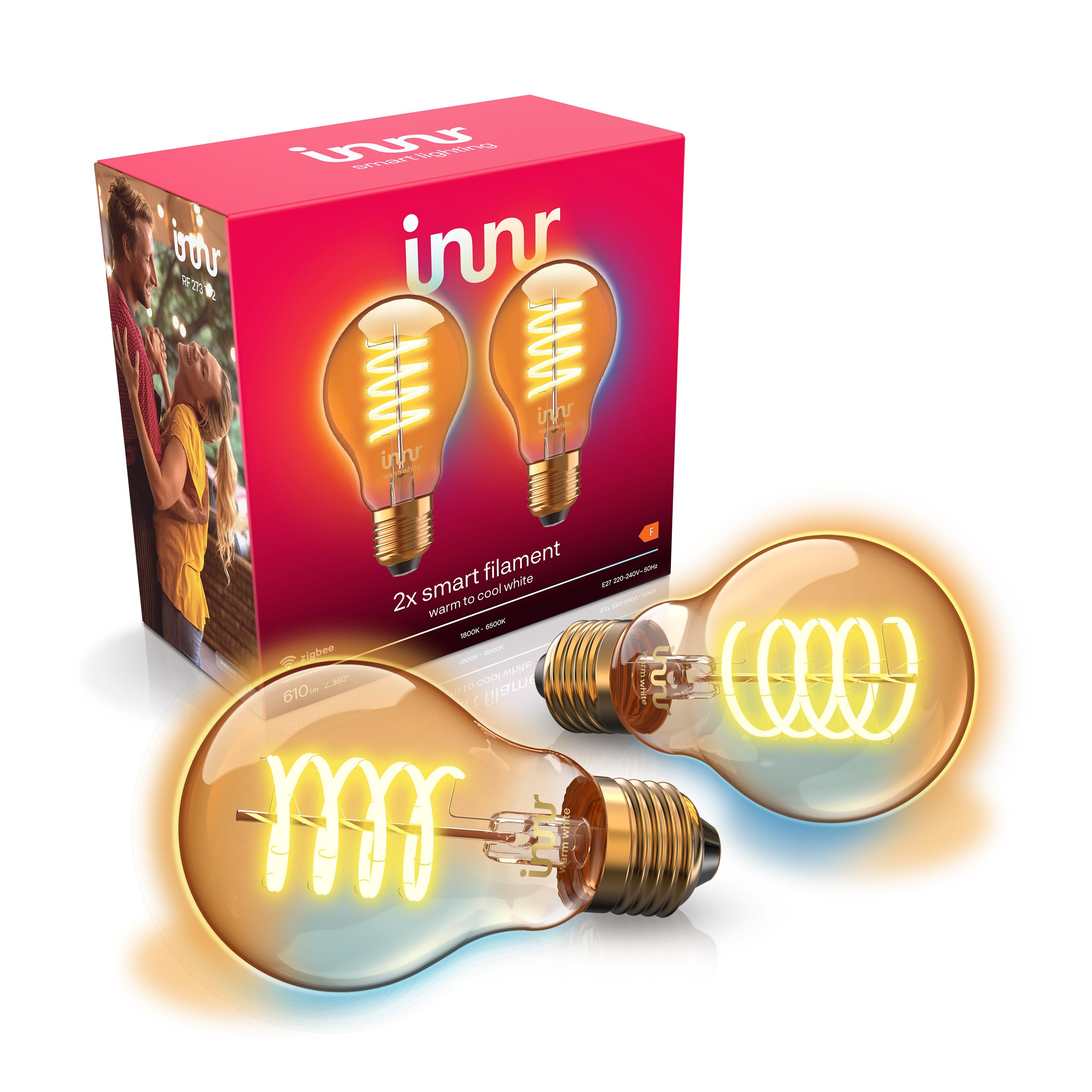 innr innr Zigbee E27 Smart Lampe, funktioniert mit Alexa und Hue* (Bridge erforderlich), Filament LED Glühbirne, Warmweiß bis Kaltweiß, Dimmbar, Smart Home Lampe, 610lm, 2 Stück