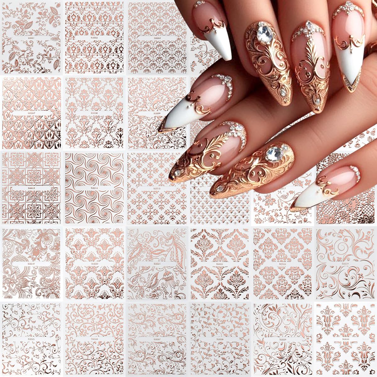 Flower Nail Art Stickers Decals Lace Flower Nail Stickers 30Sheets Rose Golden Lace Floral Vine 3D Self-Adhesive Nail Decals Irregular Geometric