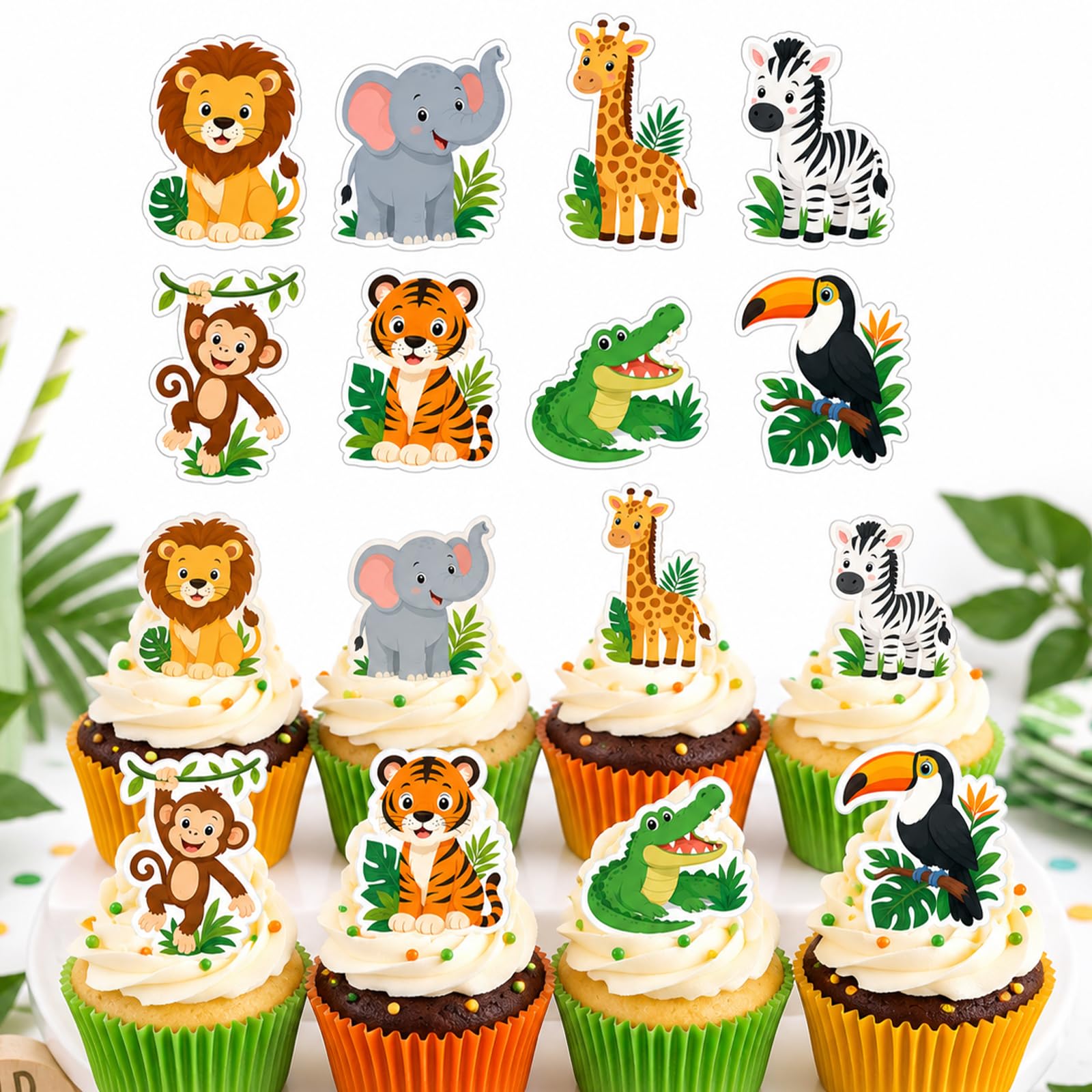 ALLAVA 48 Edible Cupcake Toppers, Edible Safari Animal Cake Toppers — image 1