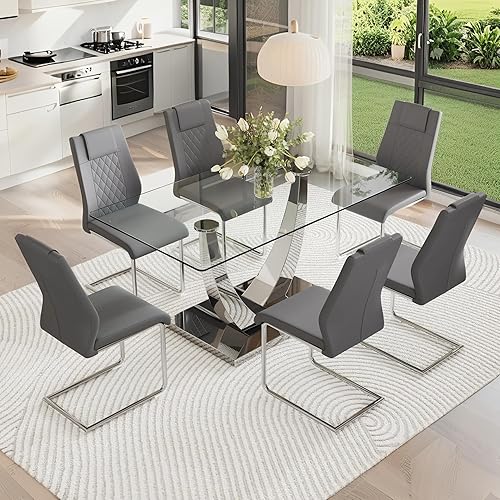 Miniatura 21 de AZmac Juego de mesa de comedor moderno de 63 pulgadas para 4, juego de comedor blanco para 4, mesa de cocina de vidrio templado y sillas de piel