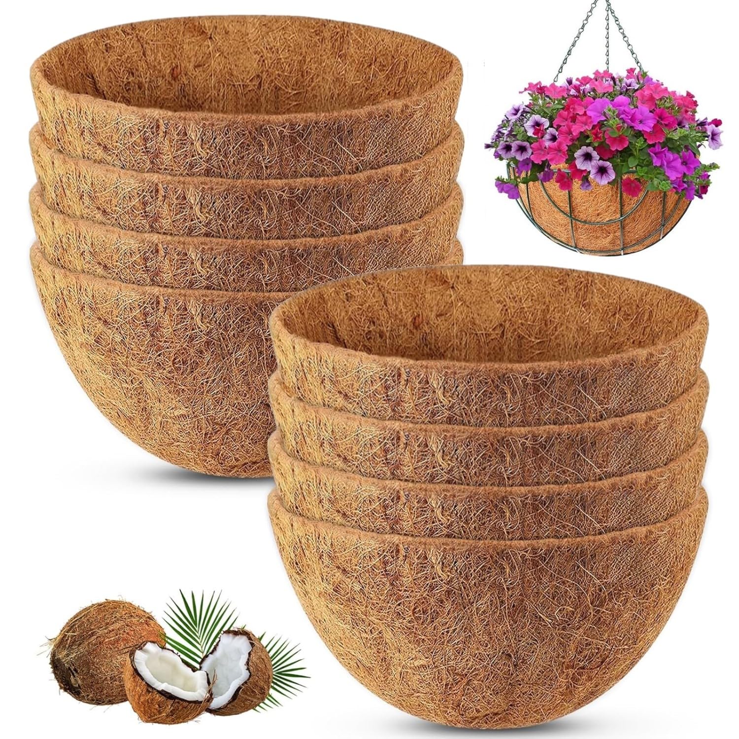 LATERN 8Pcs Round Coco Fiber Liners for Hanging Basket, 25CM 100% Natural Coco Coir Liner Thick Coconut Fiber Mat for 8 Inch Hanging Plant Basket or Garden Animal Pet Mat Window Boxes