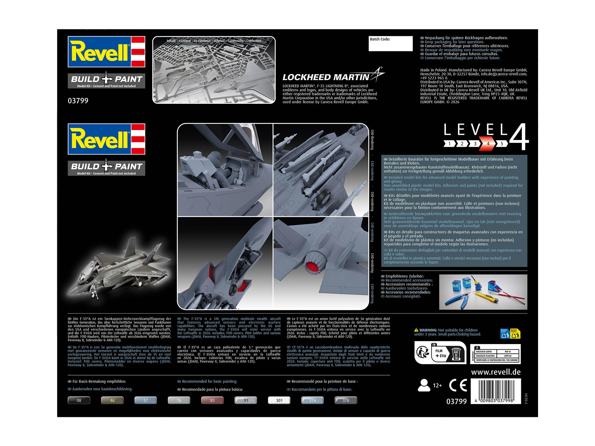 Revell Modellbausatz Lockheed Martin F-35A Lightning II – 1:72 Tarnkappenflugzeug, Detailgetreu, 3 Versionen, Waffenbestückung, JDAM, Paveway II, Modellbau für Militärflugzeug-Sammler