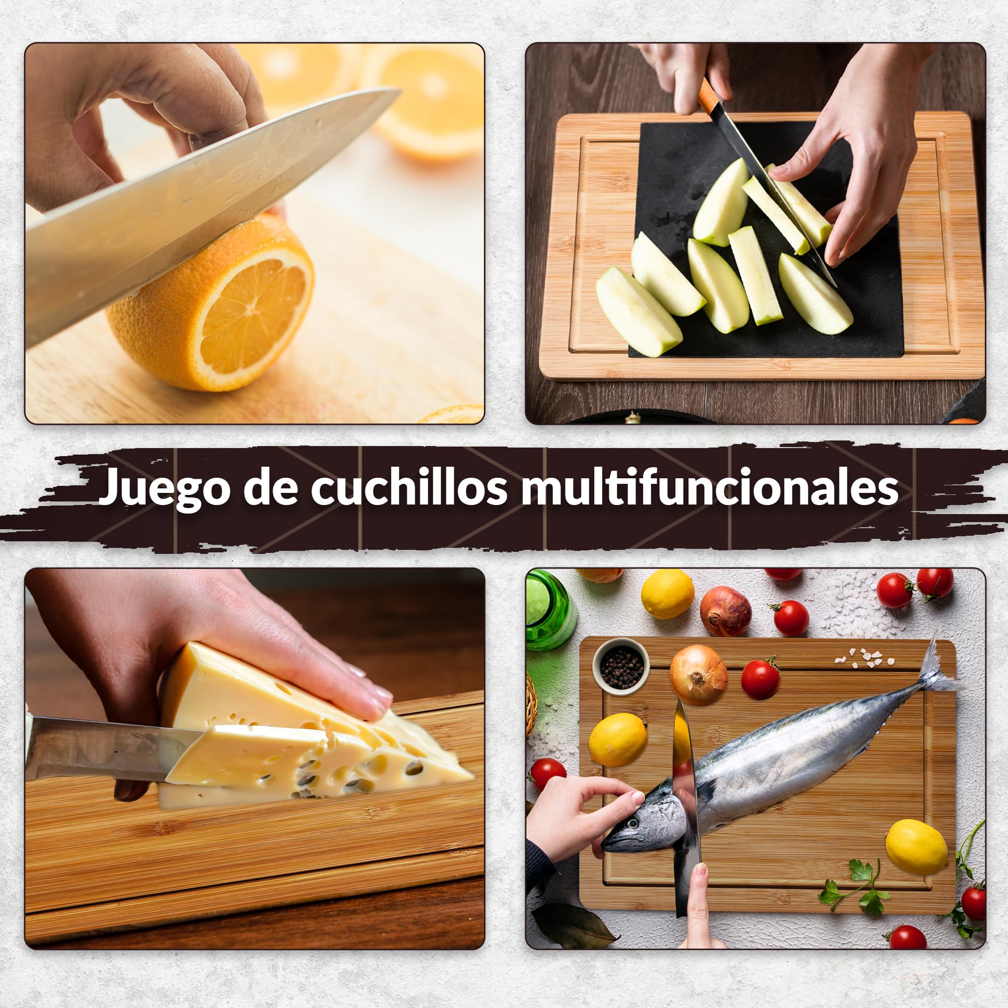 Tabla Cortar Cocina Madera con Set de 3 Cuchillos Profesional. Juego de Utensilios de Cocina Incluye Tabla de Cortar Cocina Madera de Bambú de 35x25x1cm y Cuchillos Ideal para Picar y Cortar Alimentos