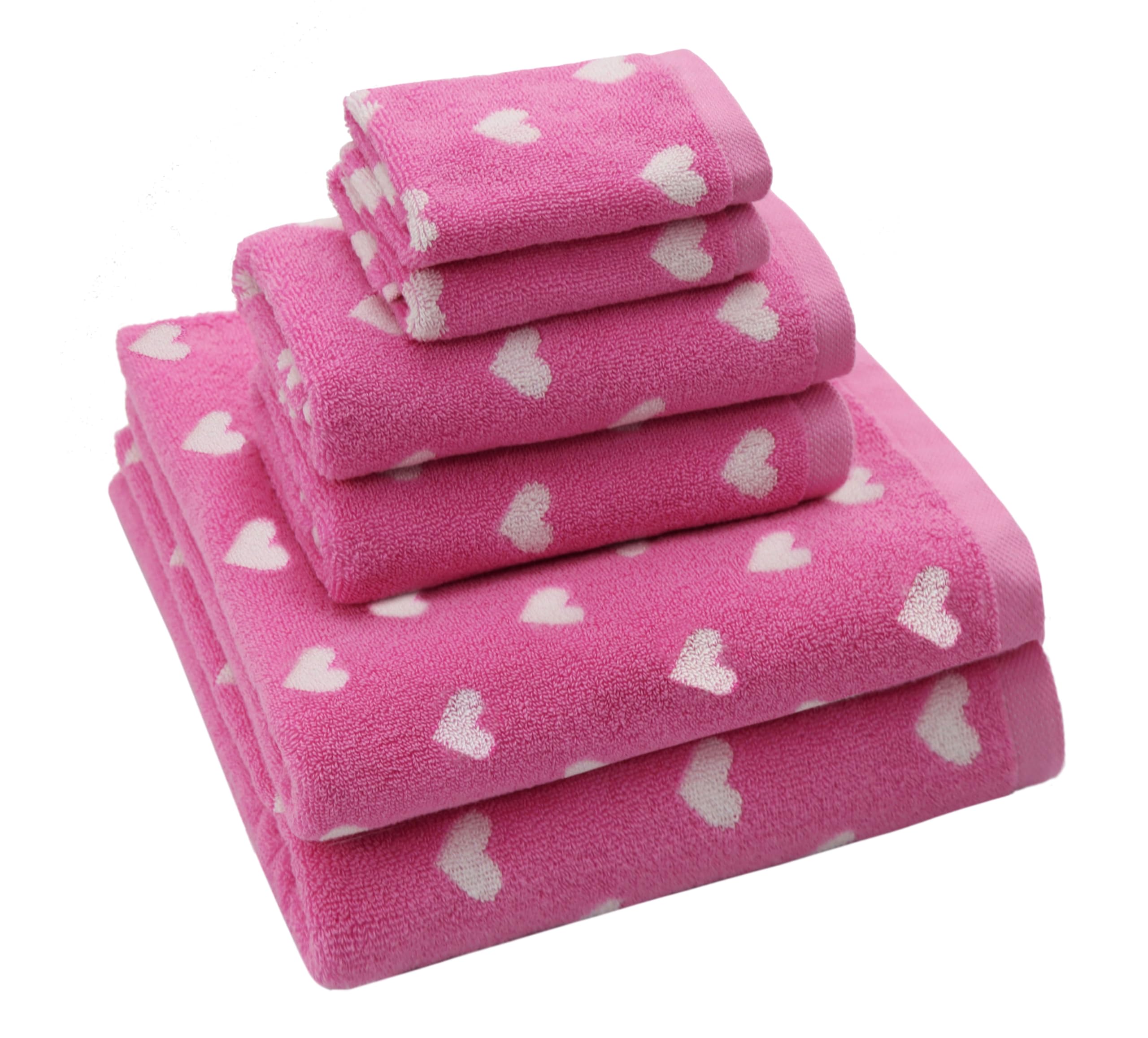 ORIGINAL KIDS 6 Piece Towel Set - Bath Time Hearts - 2 Bath Towels, 2 Hand Towels, 2 Washcloths - 100% Cotton Jacquard Colorful Soft Absorbent Pool