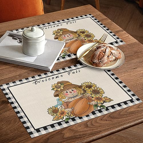 Miniatura 3 de Juego de 6 manteles individuales de espantapájaros de girasol, manteles individuales de PVC lavables, manteles individuales de vinilo tejido a