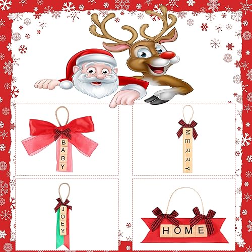 Miniatura 7 de WILLBOND Juego de 200 piezas de madera navideña de la A a la Z, letras mayúsculas, fichas del alfabeto y mini lazos de cinta a cuadros a cuadros con