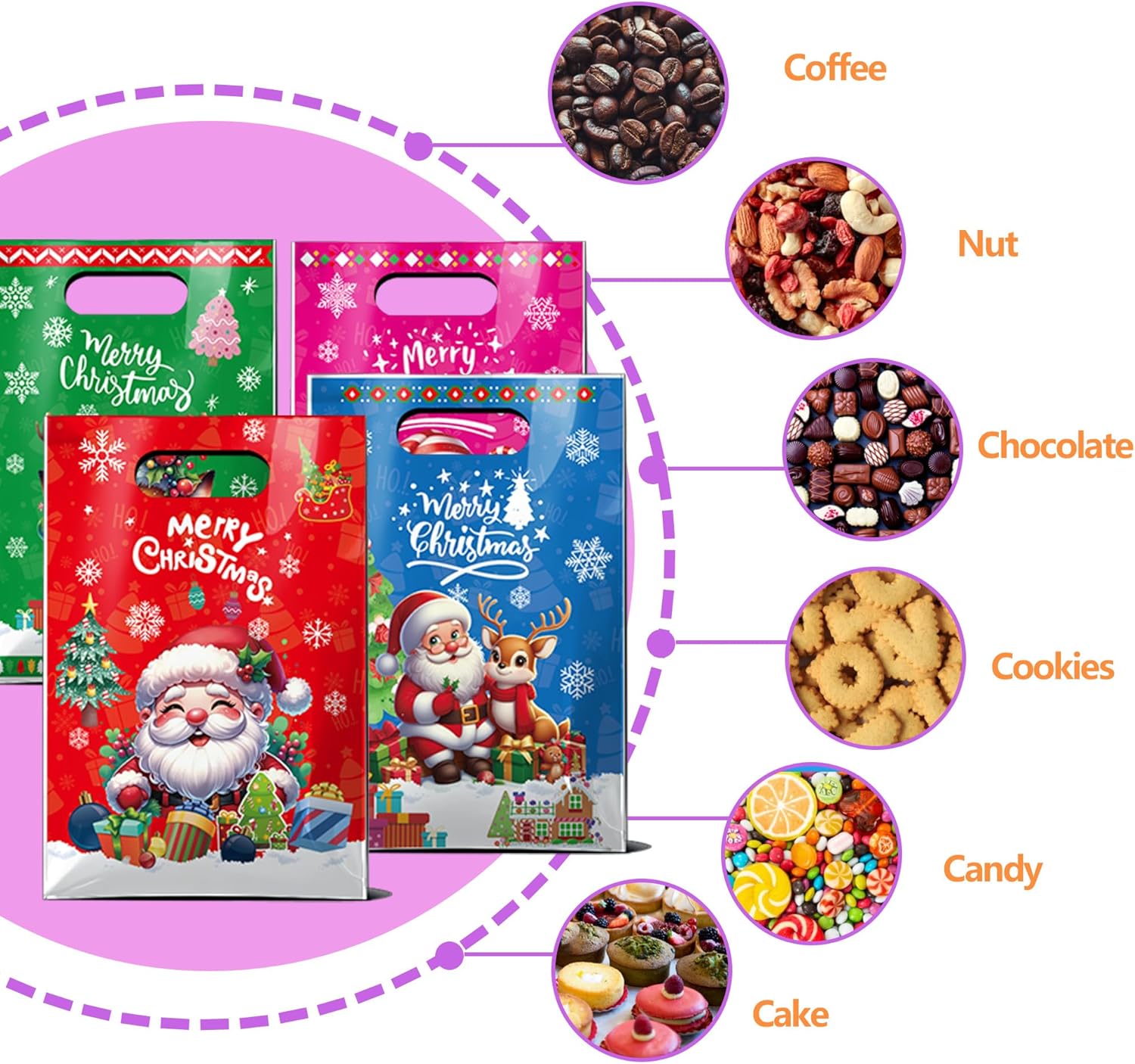 CUUSNNY 60 Pcs Christmas Plastic Gift Bags,Merry Christmas Goodie Bags Santa Claus Snowman Treat Candy Bag Bulk Party Favor Bag for Xmas Holiday Party Supplies 6.5 × 9.8 In - Image 2