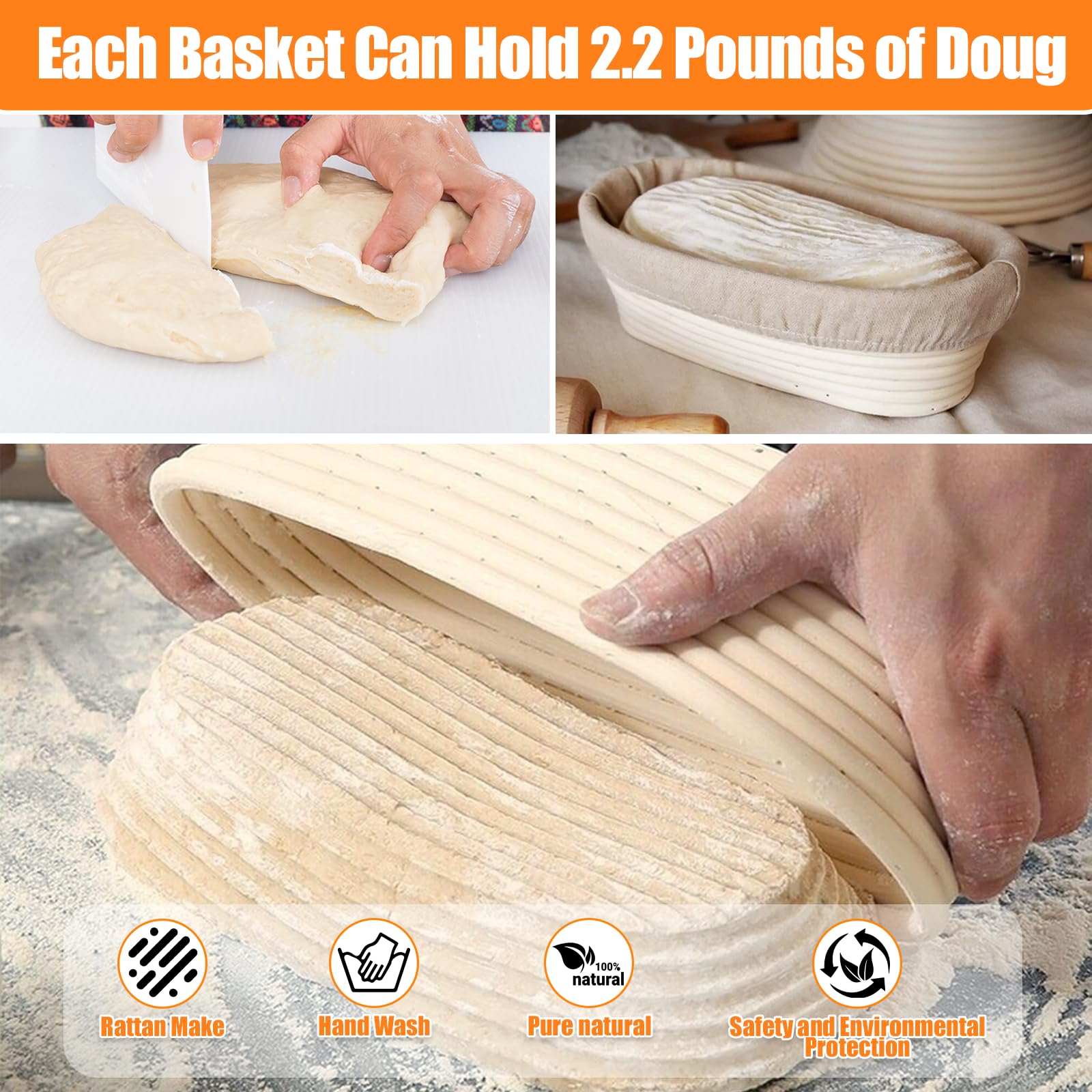 2 Pezzi Cestino Lievitazione Pane con Fodera Tessuto Lino, 25 x 15 x 8cm Cestini Pane Rattan Naturale, Cestino Fermentazione Ovale per Impasto, Cesto Pagnotta per Panettieri Domestici e Professionisti