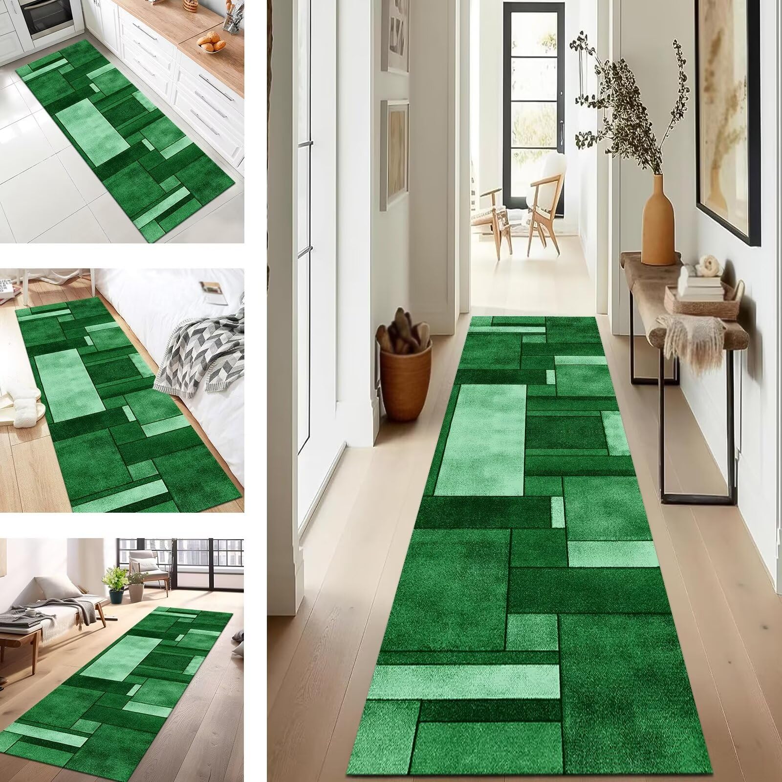 Tapis de couloir lavable et antisalissure vert cyan 70x330cm