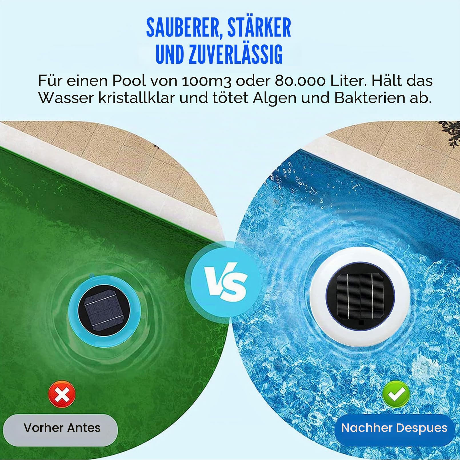 Solarpool Kupfer -Ionisator für Oberirdische Pool, Reinigen Sie 85% Weniger Chlor, Automatischer Poolreiniger Bis Zu 45000 Gallonen Töten Algen Halten Sie Den Pool Sauber