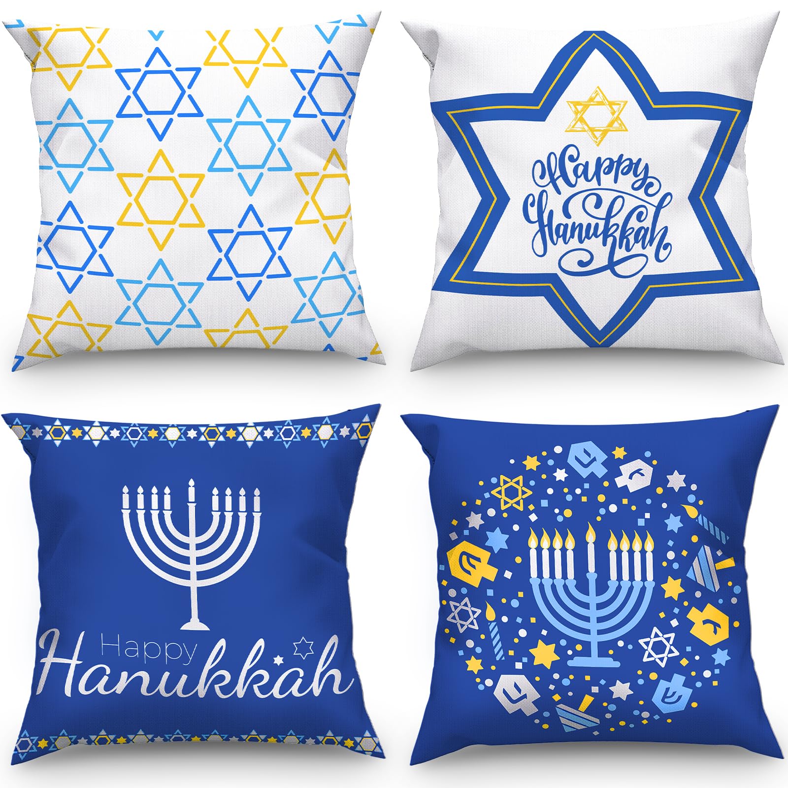 Hanukkah Pillow Covers Set of 4 18 x18 Inch Hanukkah Themed Blue Couch Pillows Cushion Cover Throw Pillowcase with Candlestick "Happy Hannukah "and Star of David Print for Livingroom Farmhouse Decor