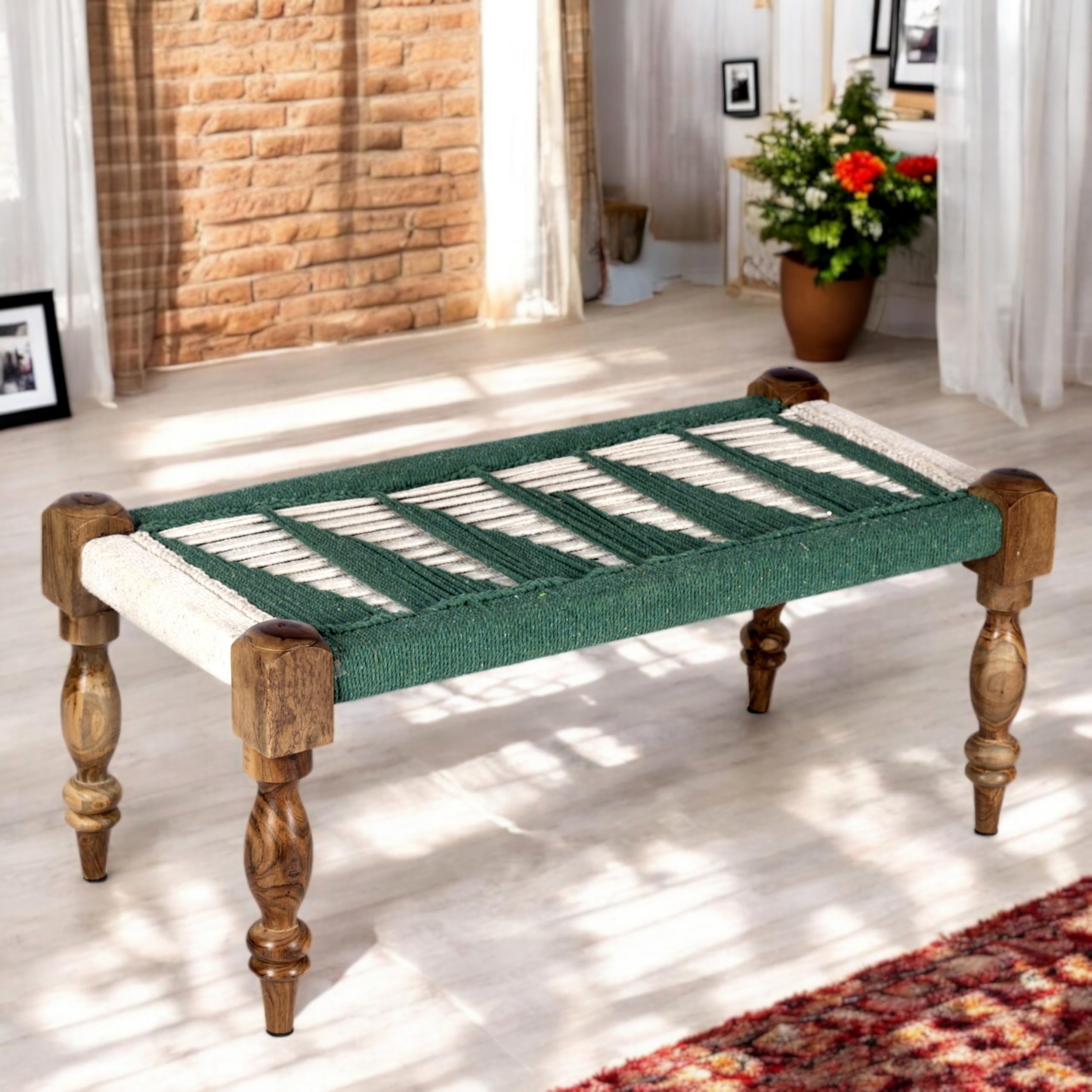 Ikiriya Oakville Sheesham Wood 2 Seater Maachi for Dining Room, Gardens and Living Room - (Green & White Rope Canning) - 17 x 36 x 16 Inch