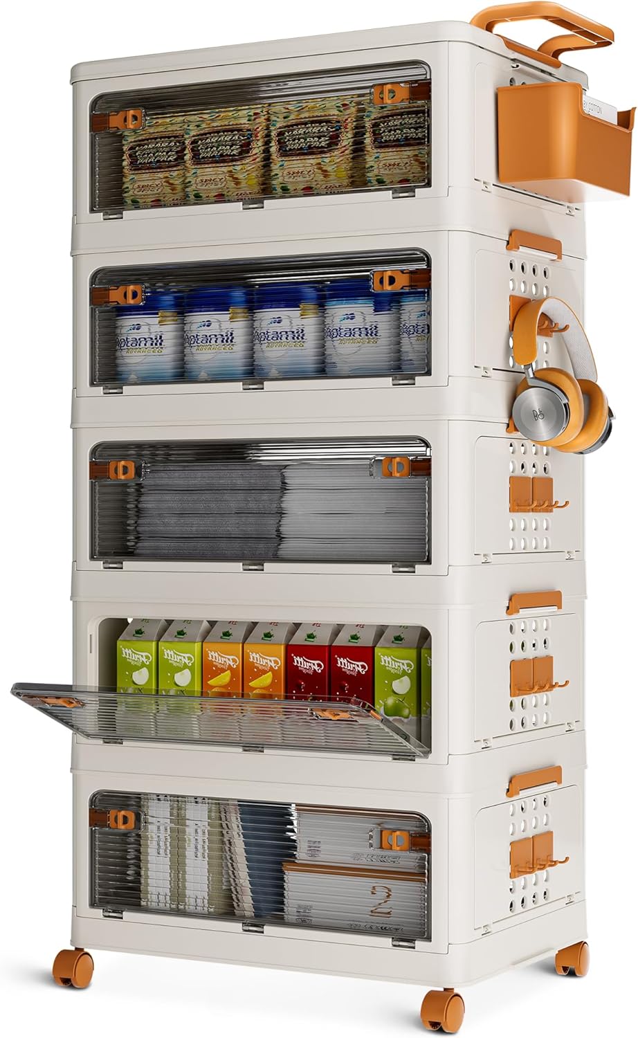 Large 56QT Storage Bins with Lips Stackable Storage Bins with Wall Mounted Box, Wheels, Hooks, Pack of 5 Two-door Plastic Collapsible Storage Bin Containers Organizers and Storage For Bedroom 56Qt Pack of 5