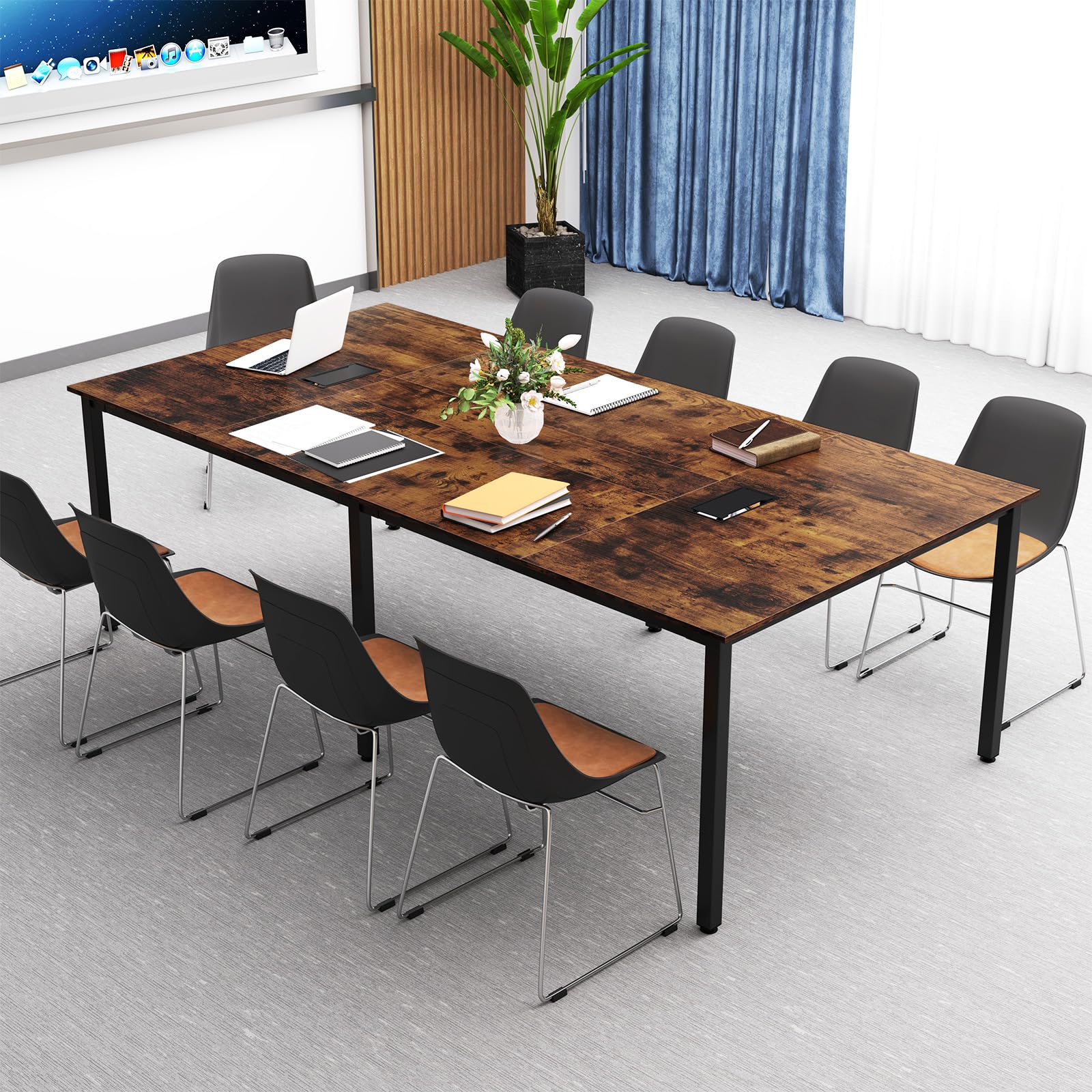 COSTWAY Table de Conférence pour 10 Personnes, Grande Table de Réunion, 2 Passe-câbles, Bureau de Séminaire Rectangulaire, Mobilier de Formation pour Bureau, Salle de Réunion, Marron Rustique