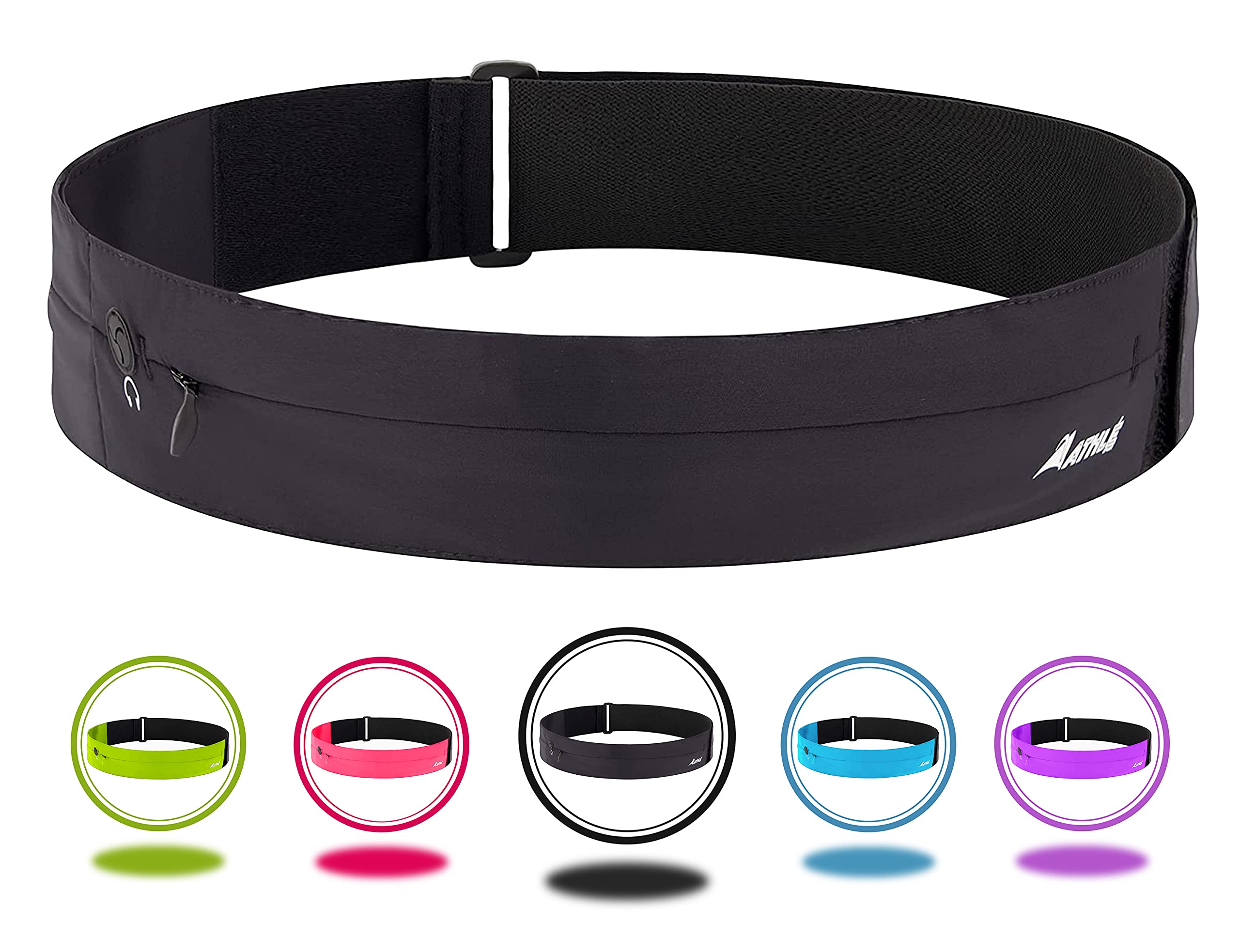 Athlé Running Belt with Two Pockets – Stretch Pouches Fit Most Phones, Wallet, Cards and More – Key Clip, Earphone Jack, Adjustable One Size Fits All Waist Strap – for Exercise and Travel – Black